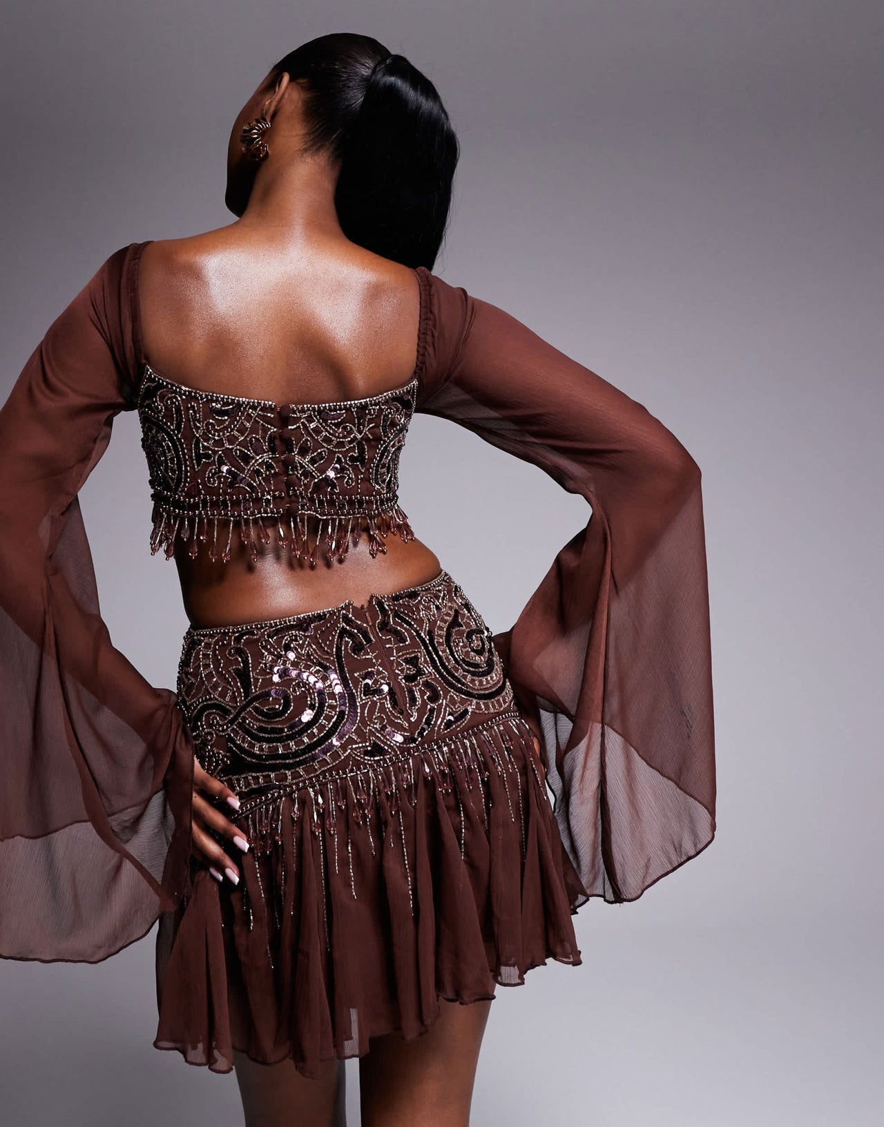 ASOS DESIGN fluted sleeve mini dress with placement embellishment in chocolate - ASOS Sample Sale