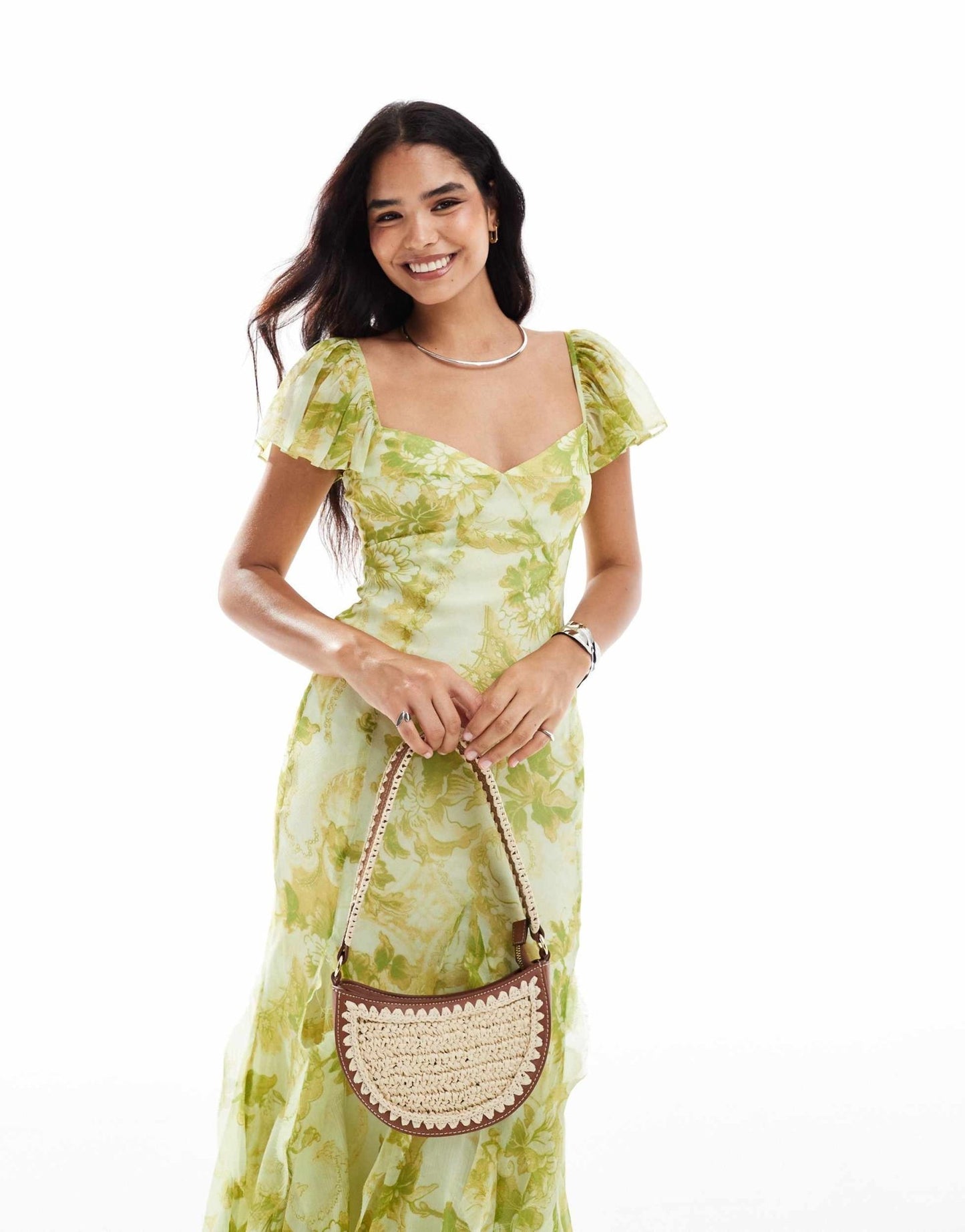 ASOS DESIGN flutter sleeve maxi dress with ruffle godets in green floral print - ASOS Sample Sale