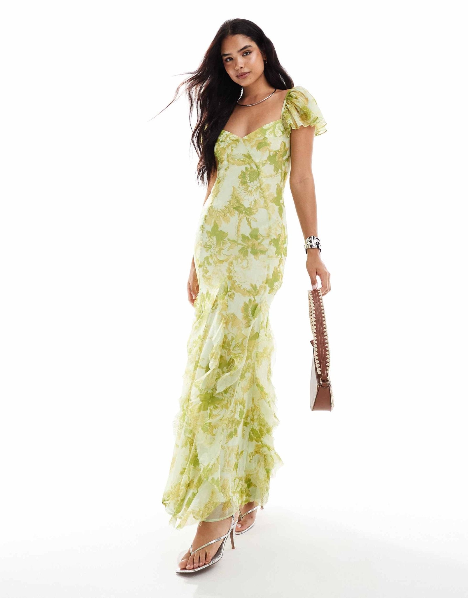 ASOS DESIGN flutter sleeve maxi dress with ruffle godets in green floral print - ASOS Sample Sale