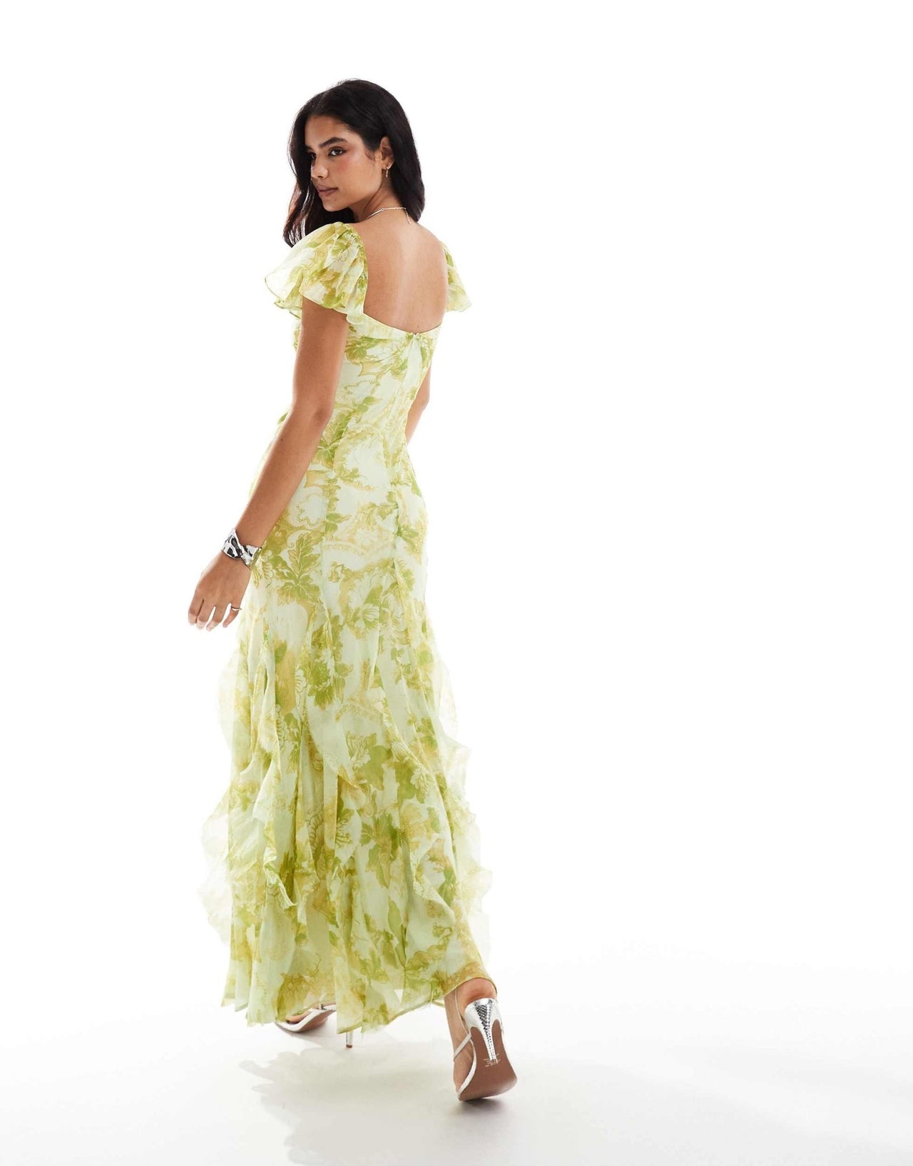 ASOS DESIGN flutter sleeve maxi dress with ruffle godets in green floral print - ASOS Sample Sale