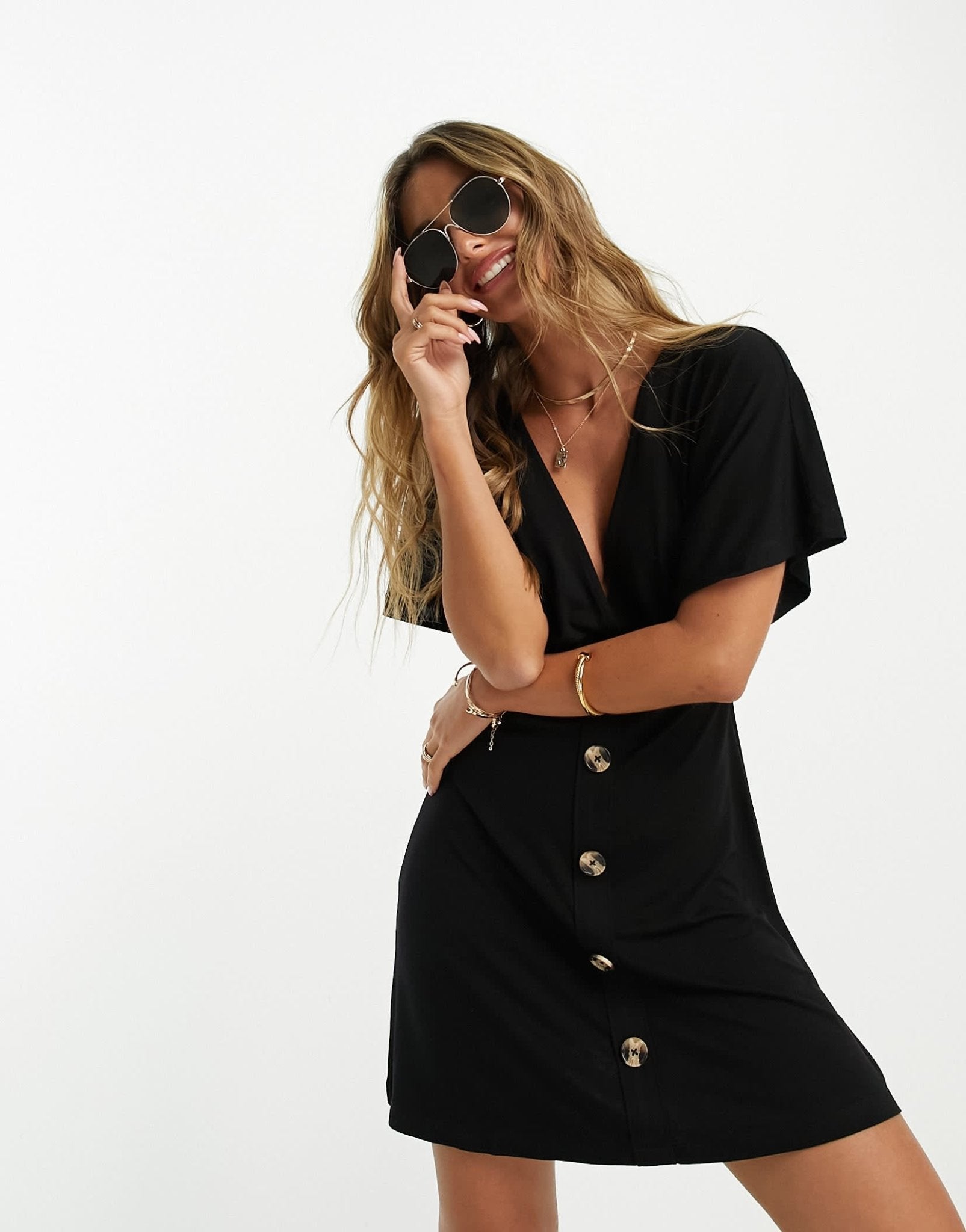 ASOS DESIGN flutter sleeve mini tea dress with buttons in black - ASOS Sample Sale