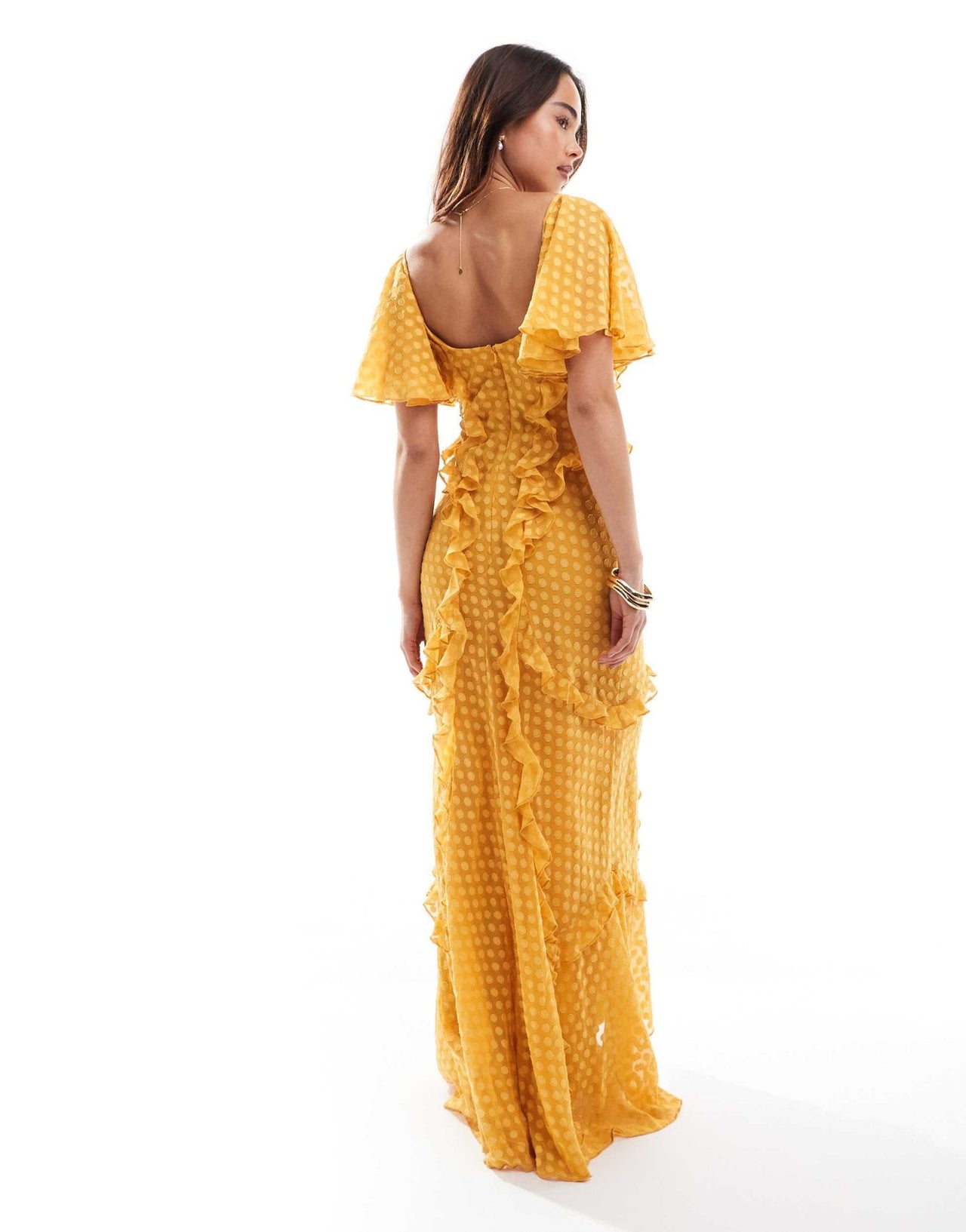 ASOS DESIGN flutter sleeve ruffle maxi dress with cut out detail in textured spot in burnt yellow - ASOS Sample Sale