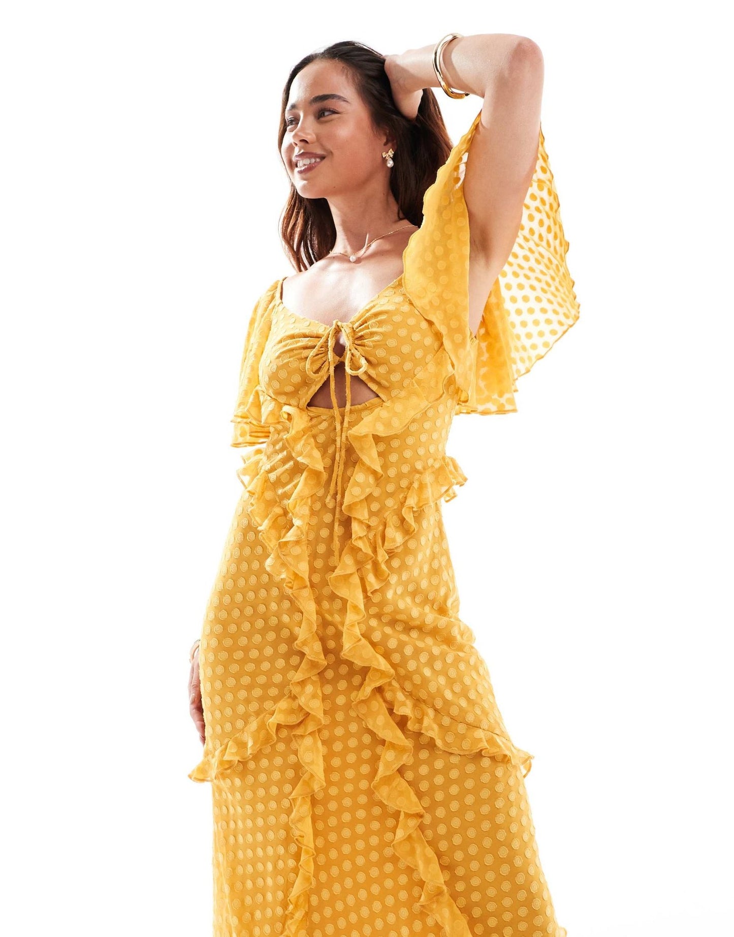ASOS DESIGN flutter sleeve ruffle maxi dress with cut out detail in textured spot in burnt yellow - ASOS Sample Sale