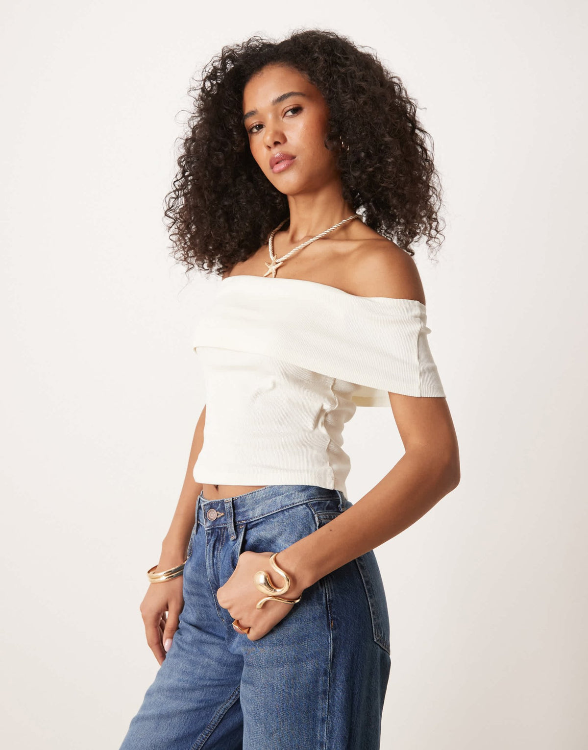 ASOS DESIGN fold over ribbed bardot top in ivory - ASOS Sample Sale