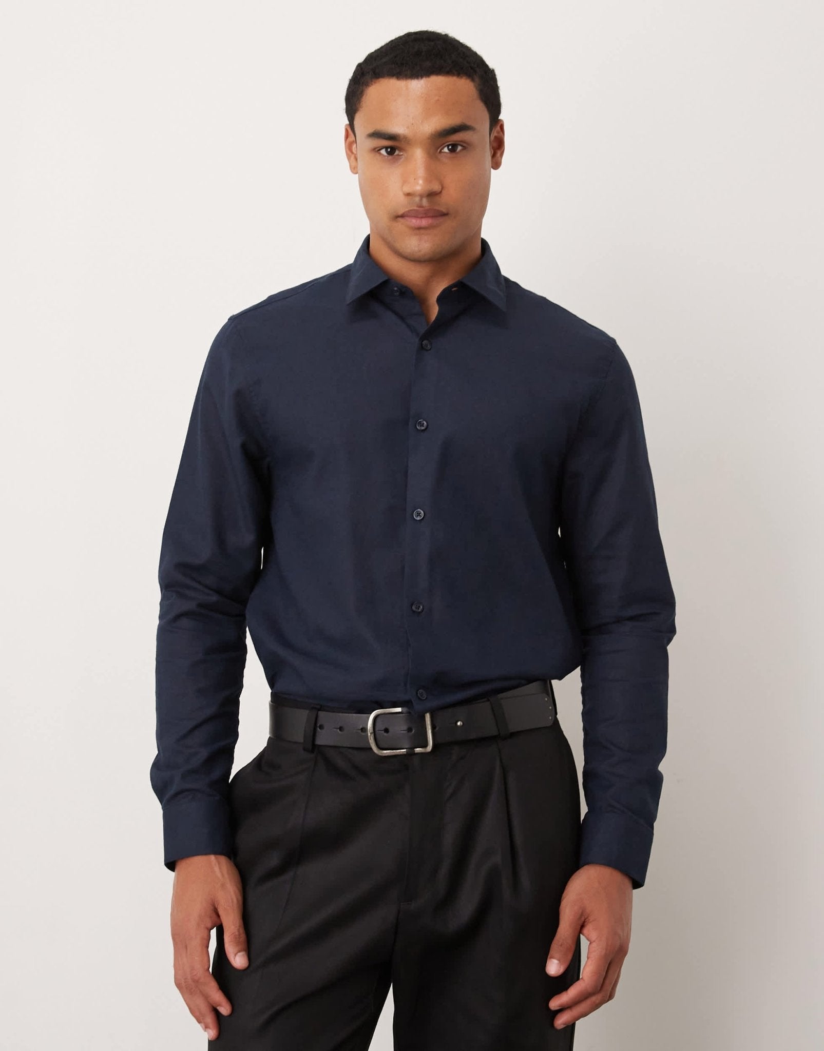 ASOS DESIGN formal linen blend regular shirt in navy - ASOS Sample Sale