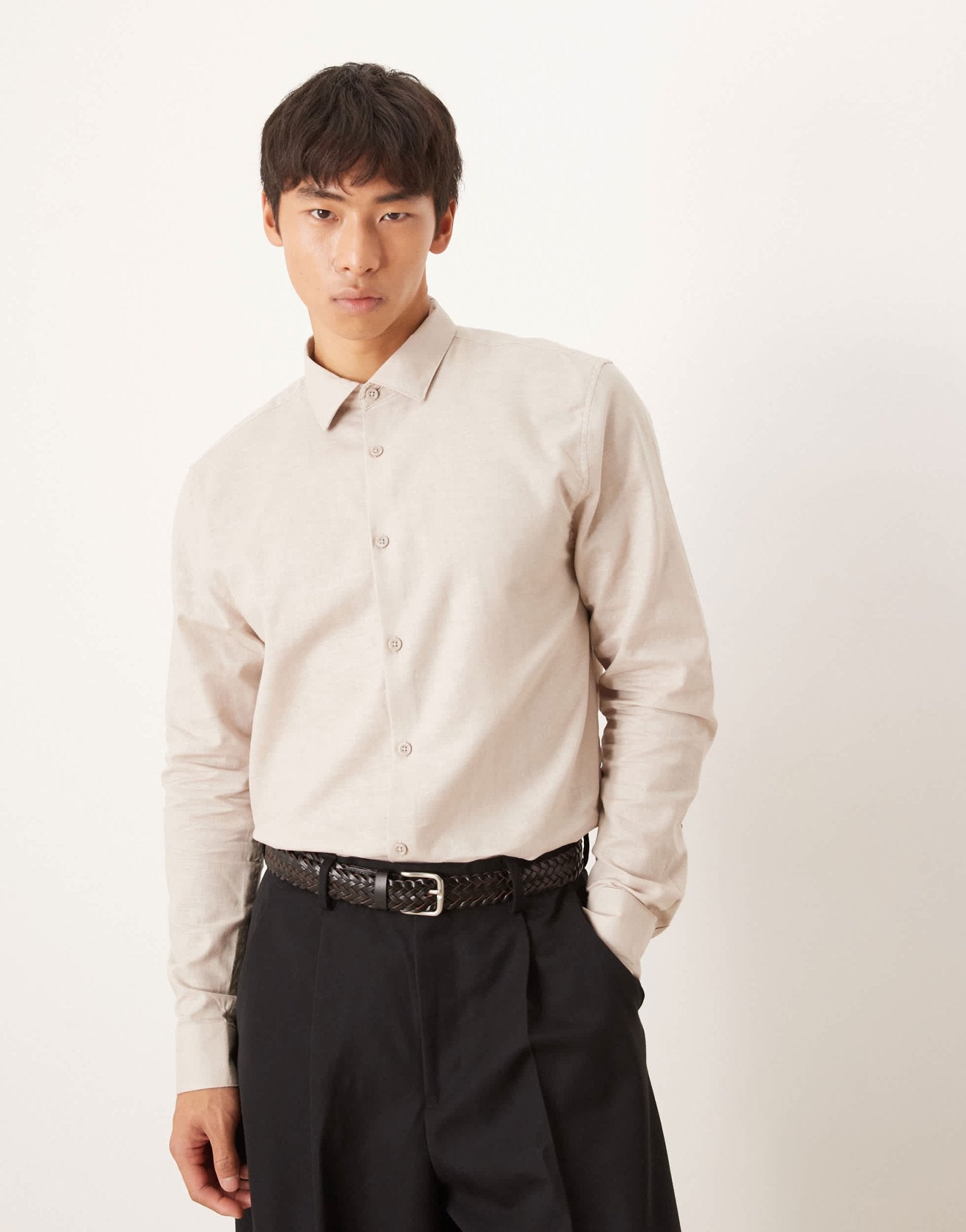 ASOS DESIGN formal linen blend regular shirt in stone - ASOS Sample Sale
