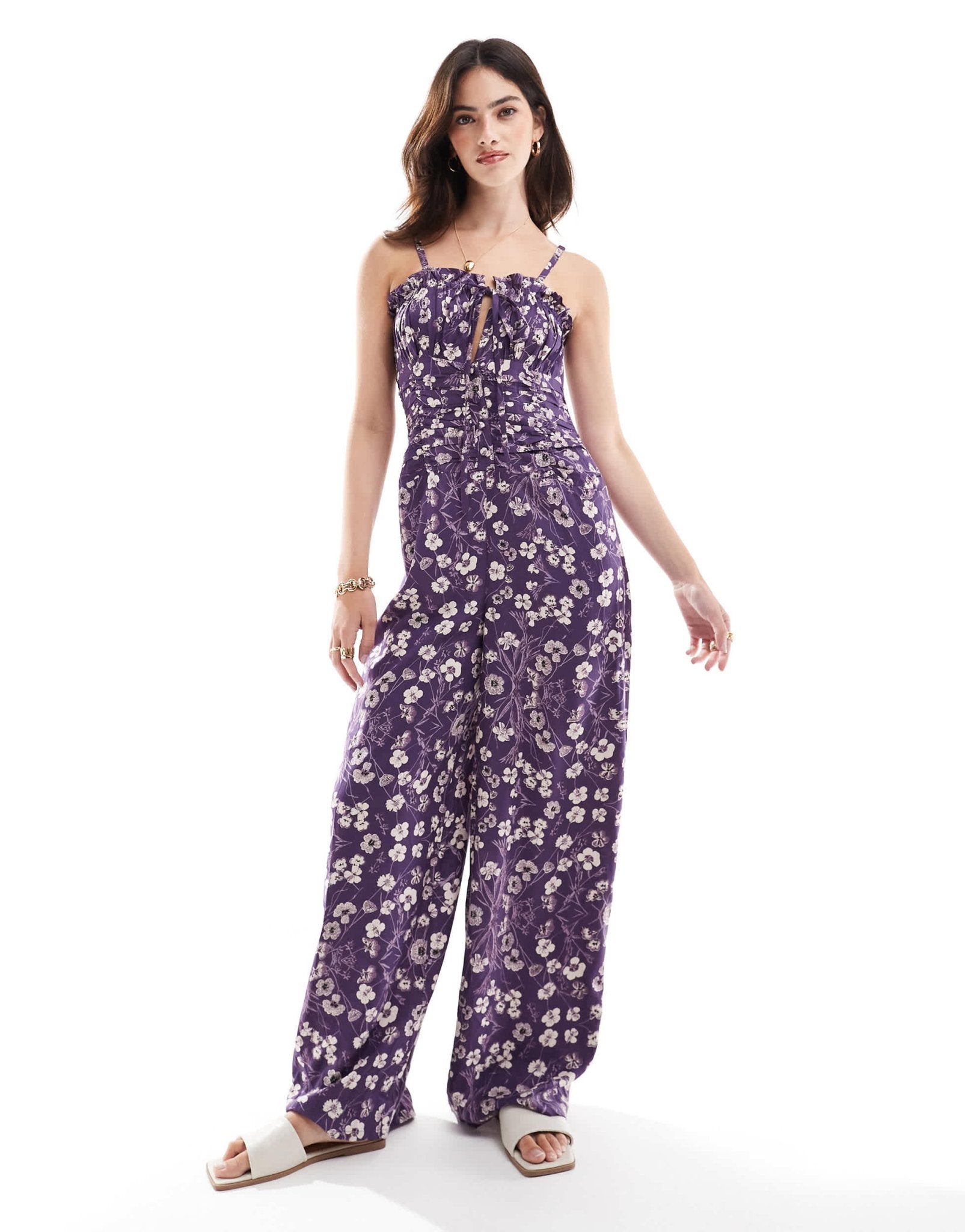 ASOS DESIGN frill bust ruched waist strappy spun jumpsuit in purple and white floral - ASOS Sample Sale