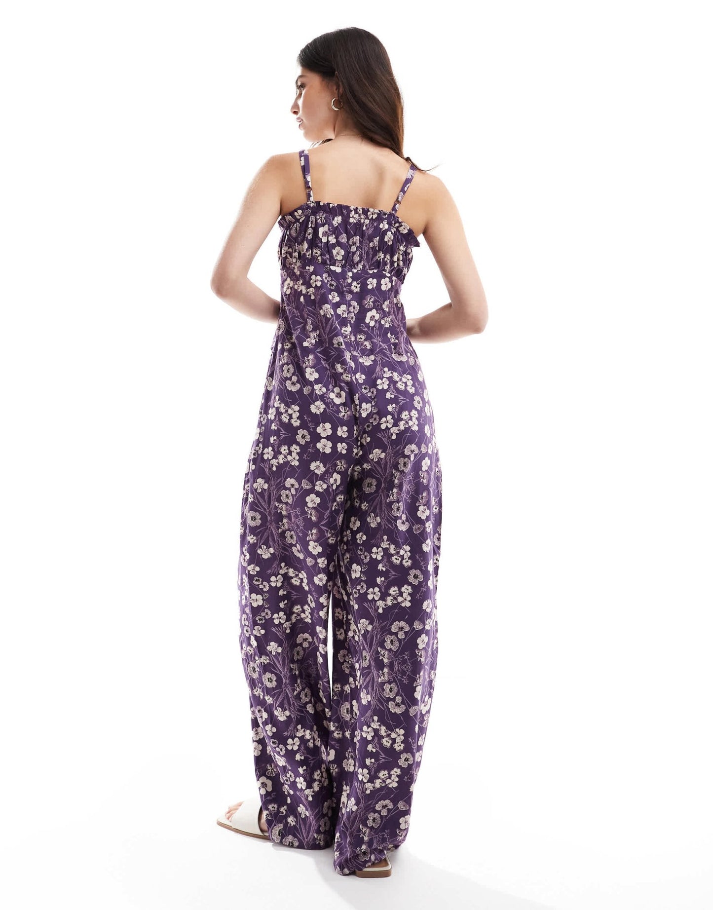 ASOS DESIGN frill bust ruched waist strappy spun jumpsuit in purple and white floral - ASOS Sample Sale