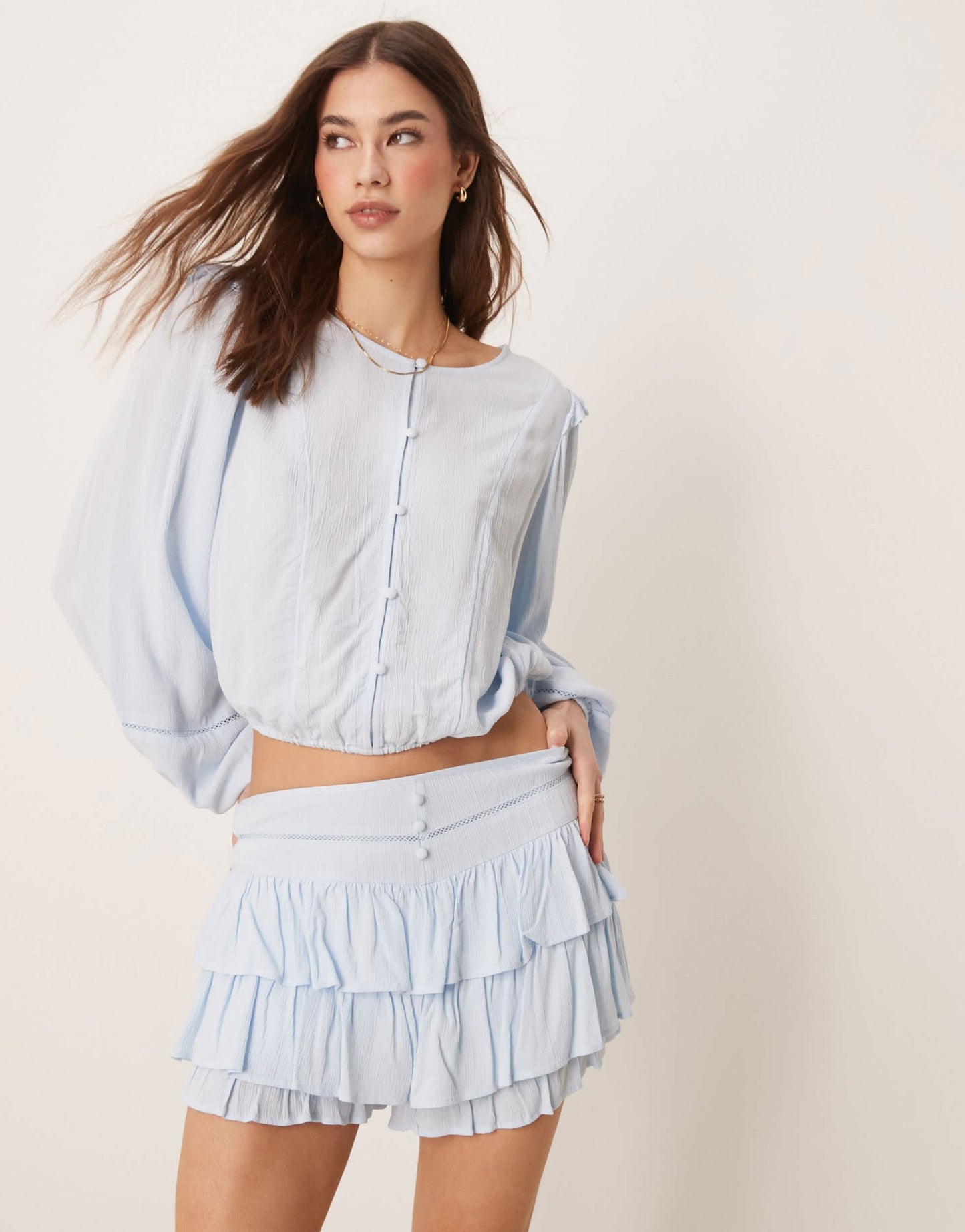 ASOS DESIGN frill detail shorts in light blue - ASOS Sample Sale