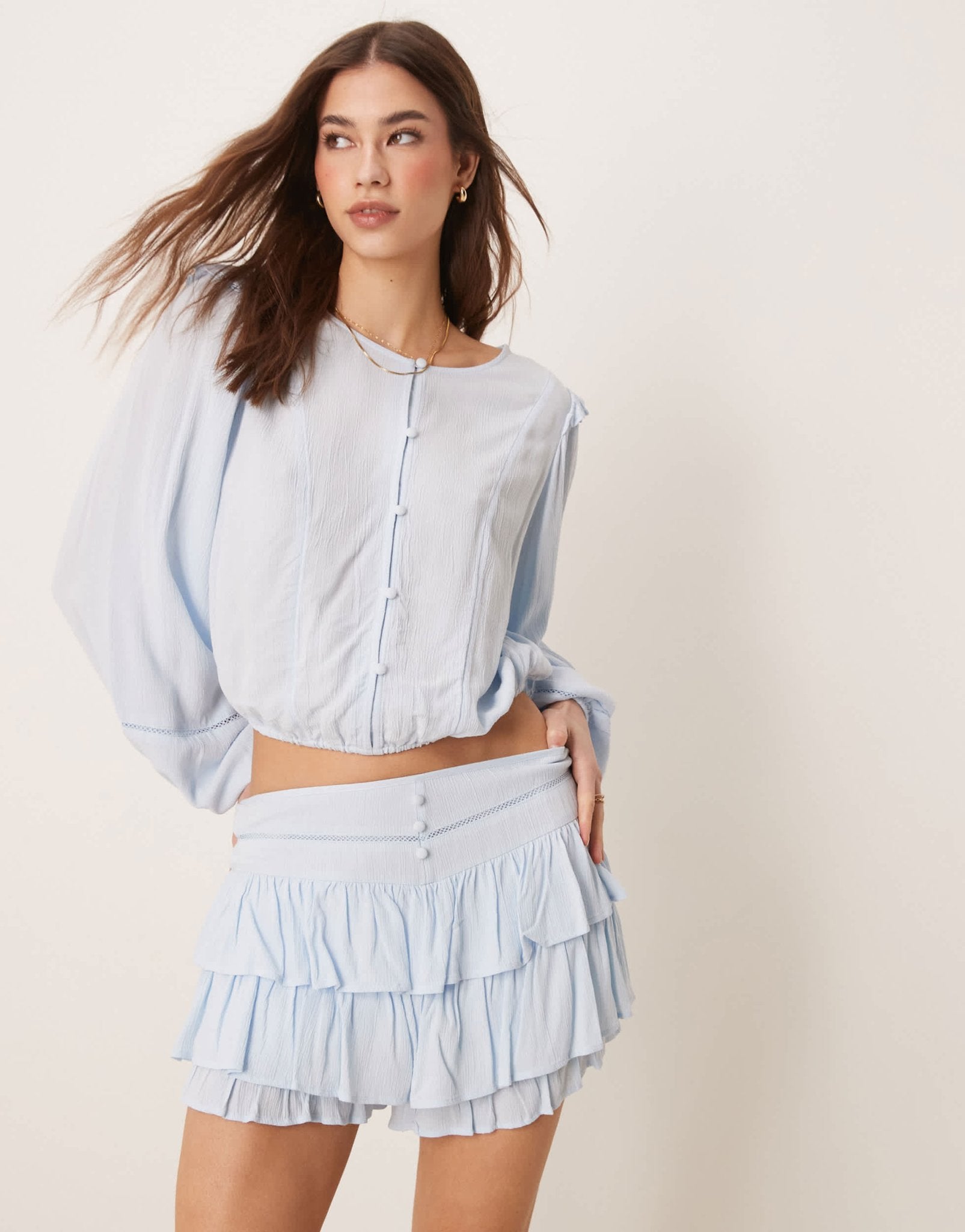 ASOS DESIGN frill detail shorts in light blue - ASOS Sample Sale