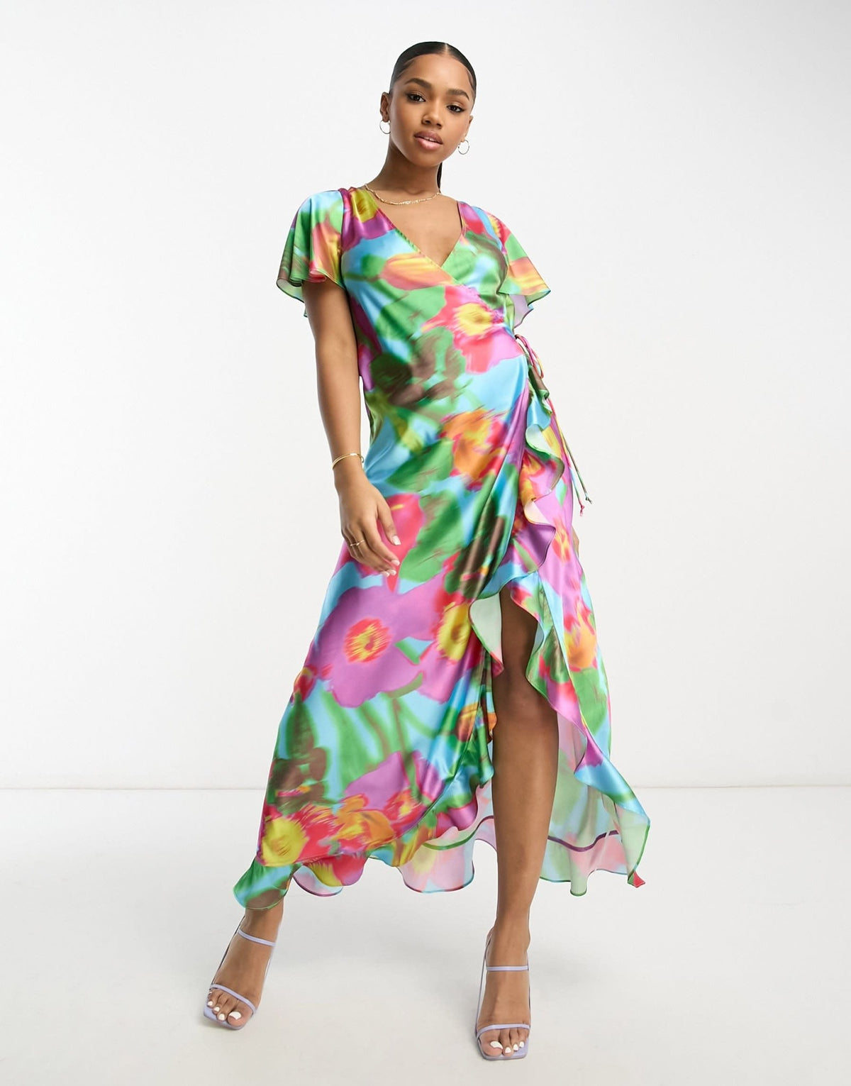 ASOS DESIGN frill detail wrap maxi satin dress in large bold floral print - ASOS Sample Sale
