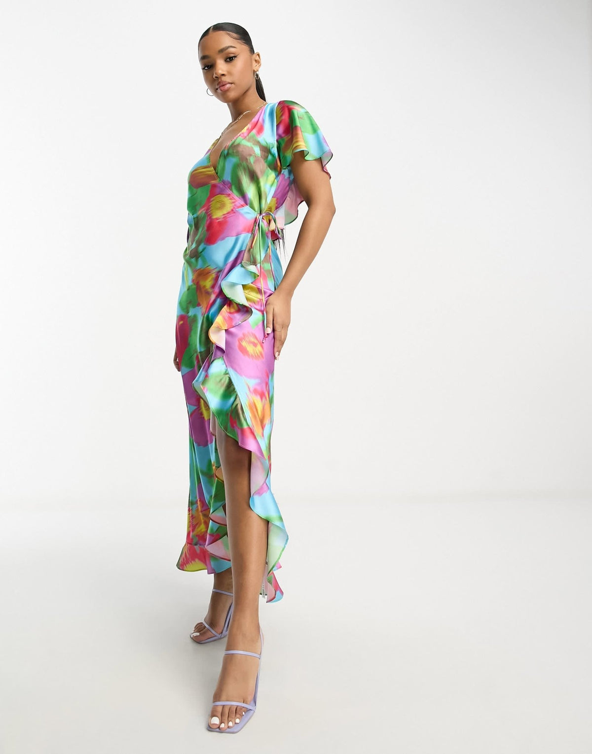 ASOS DESIGN frill detail wrap maxi satin dress in large bold floral print - ASOS Sample Sale