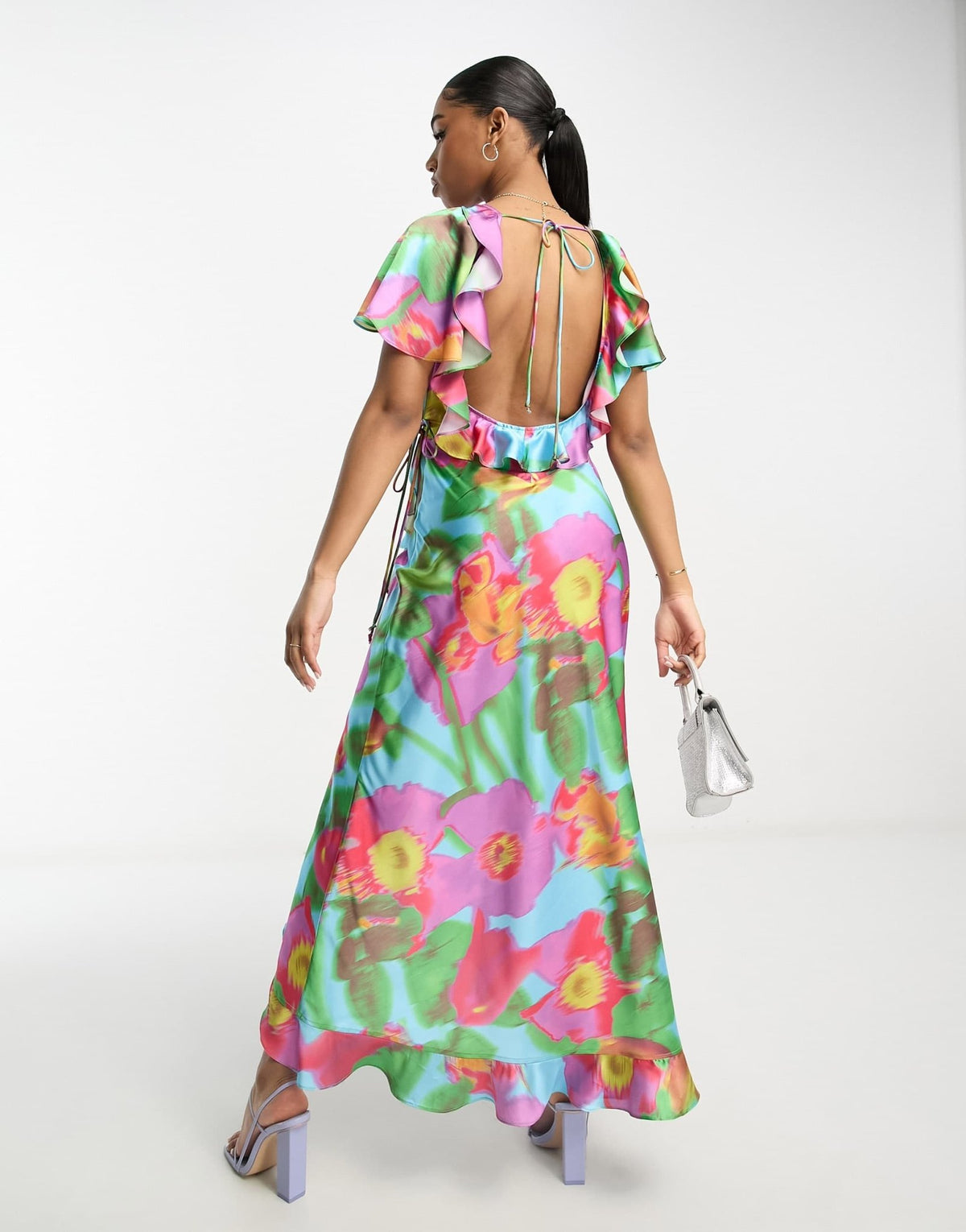 ASOS DESIGN frill detail wrap maxi satin dress in large bold floral print - ASOS Sample Sale