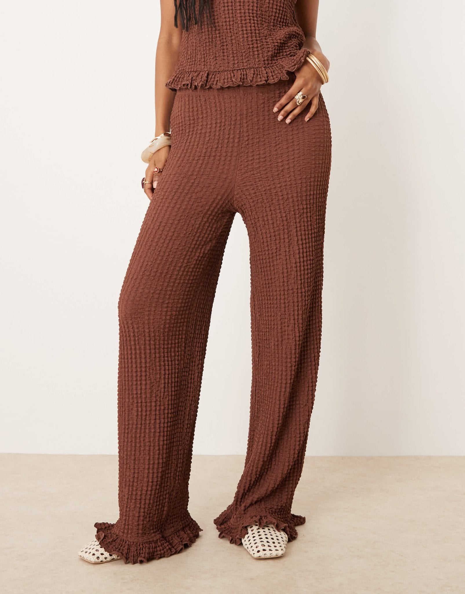 ASOS DESIGN frill hem textured wide leg trouser co ord in brown - ASOS Sample Sale