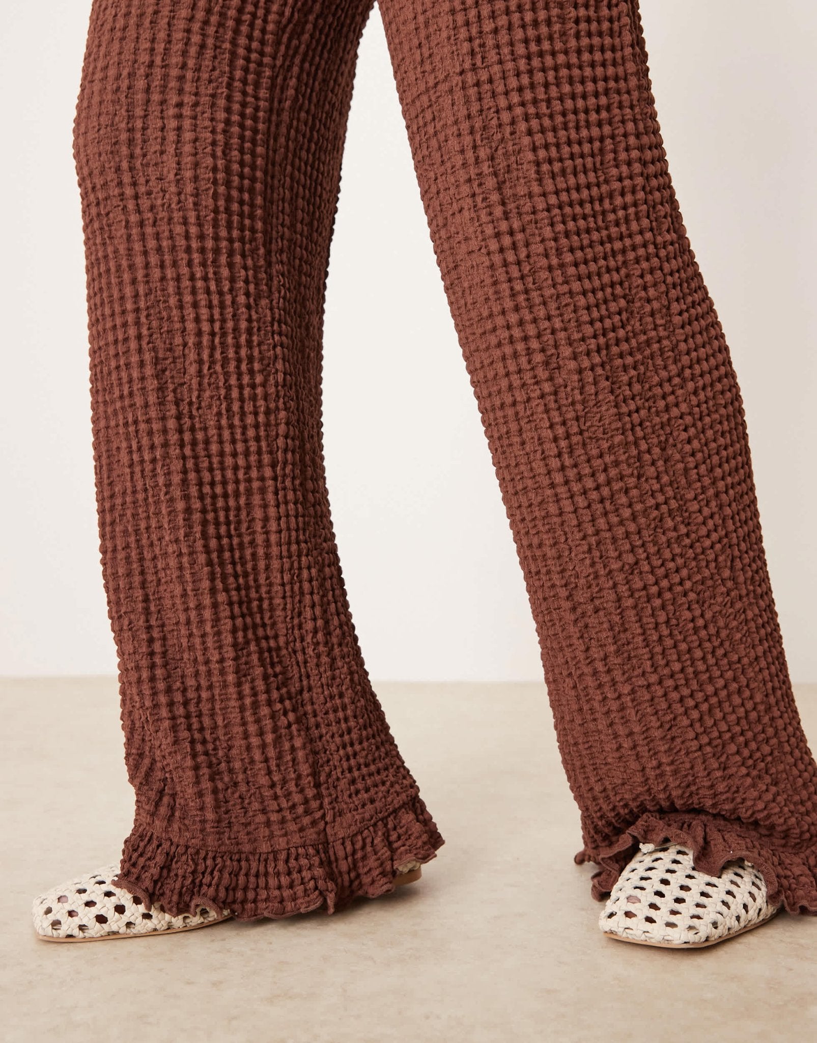 ASOS DESIGN frill hem textured wide leg trouser co ord in brown - ASOS Sample Sale