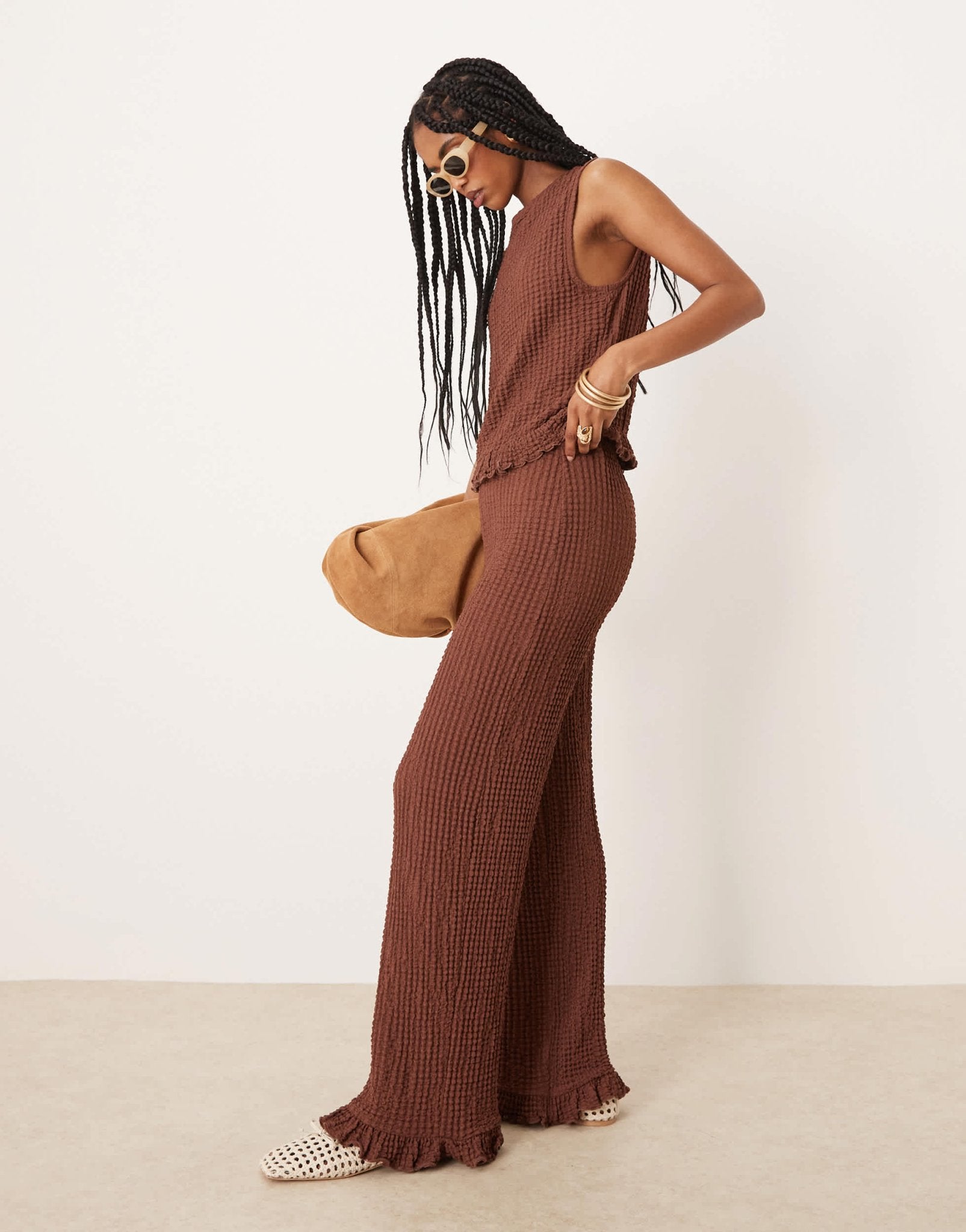 ASOS DESIGN frill hem textured wide leg trouser co ord in brown - ASOS Sample Sale
