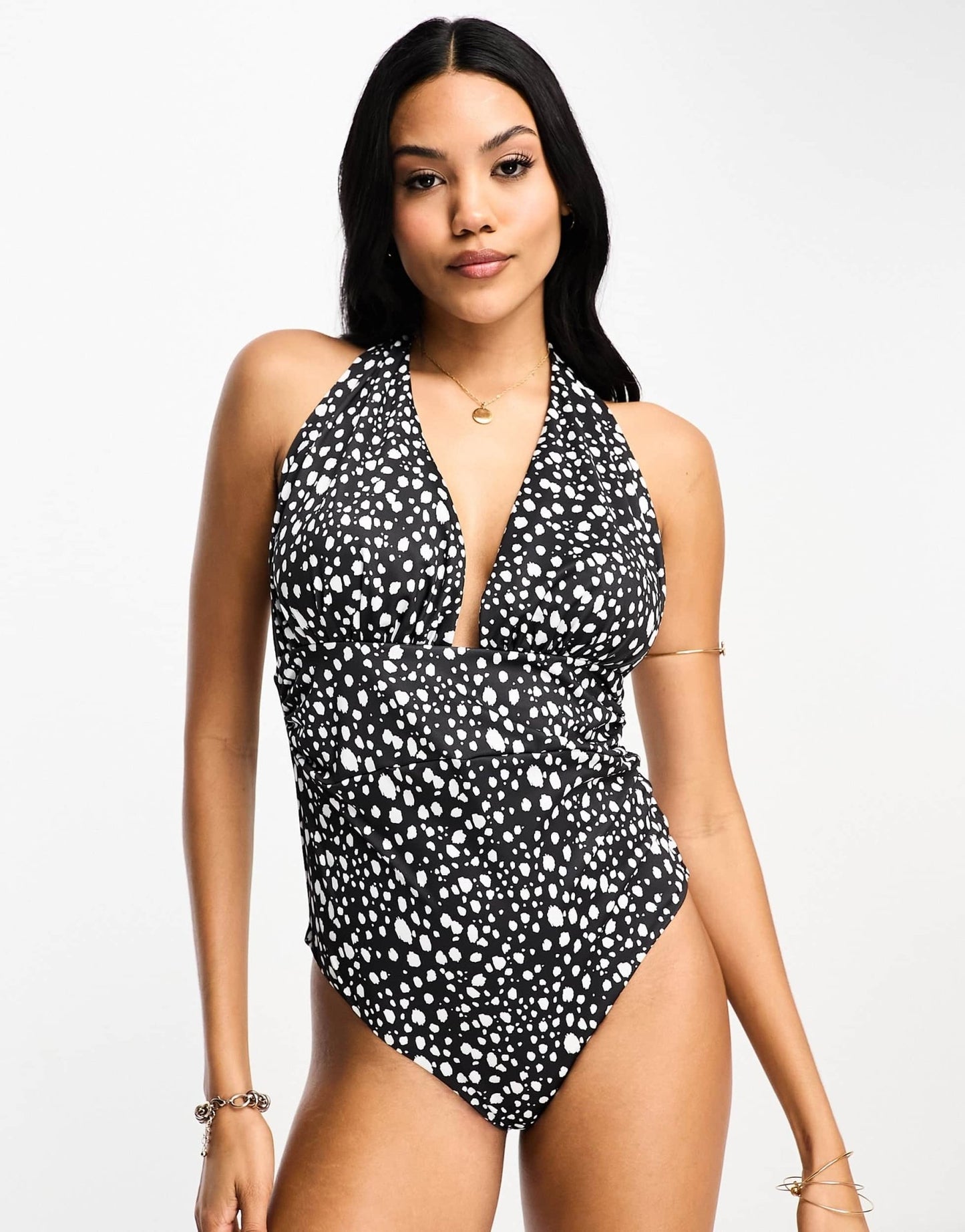 ASOS DESIGN Fuller Bust halter plunge swimsuit in mono spot print - ASOS Sample Sale