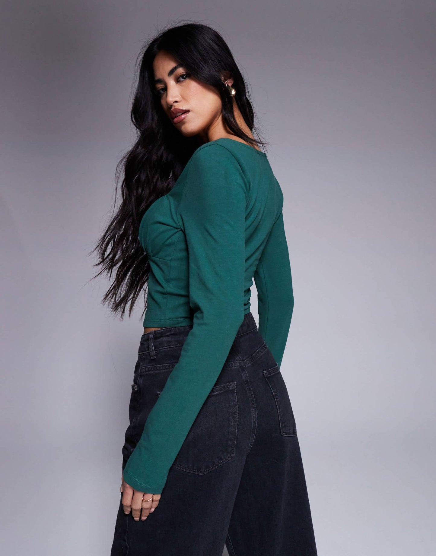 ASOS DESIGN gathered bust detail long sleeve top in bottle green - ASOS Sample Sale