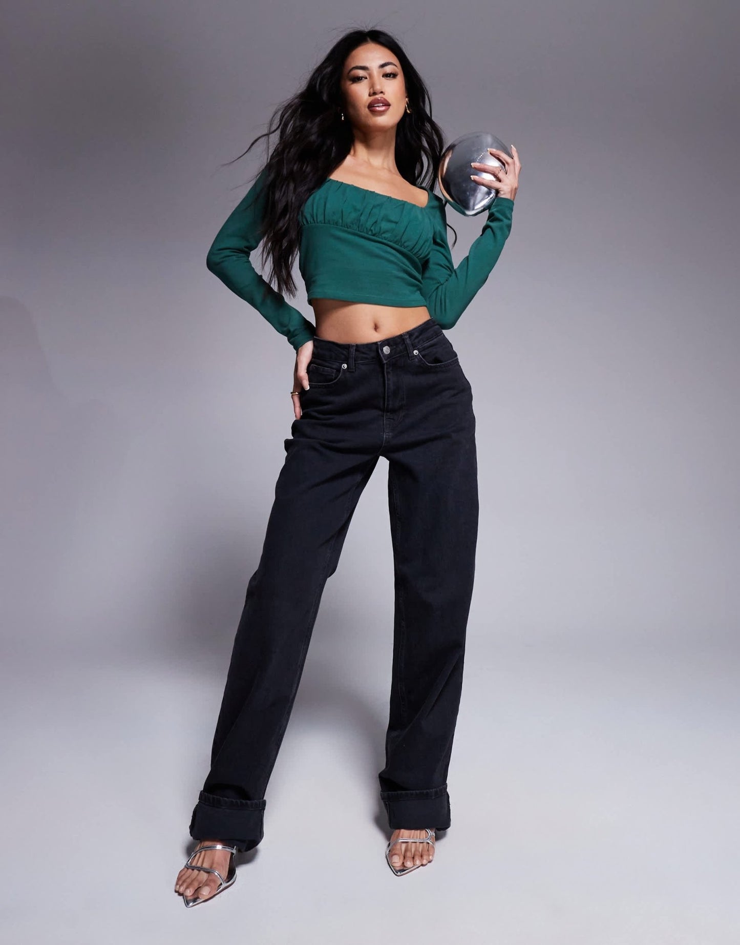 ASOS DESIGN gathered bust detail long sleeve top in bottle green - ASOS Sample Sale