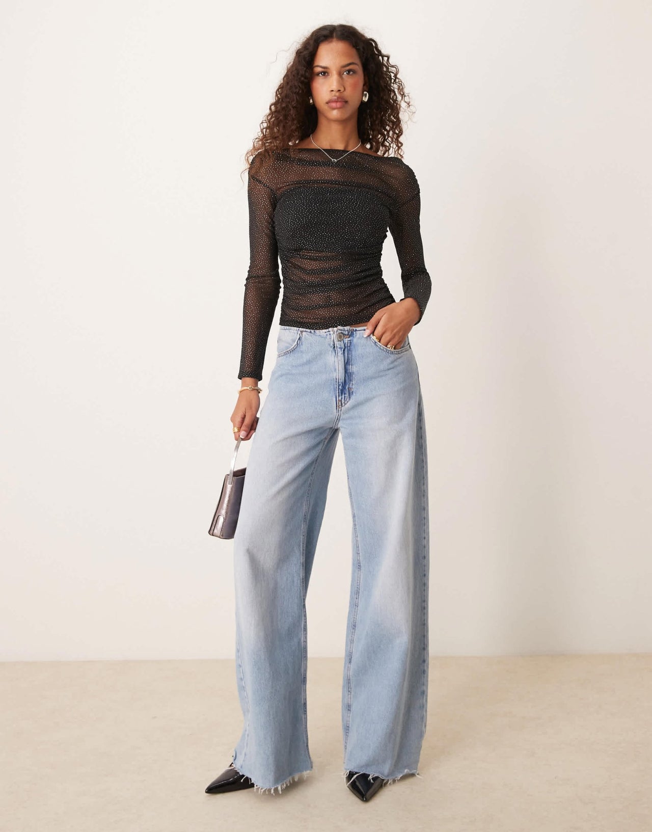 ASOS DESIGN gathered off the shoulder mesh top in black glitter mesh - ASOS Sample Sale