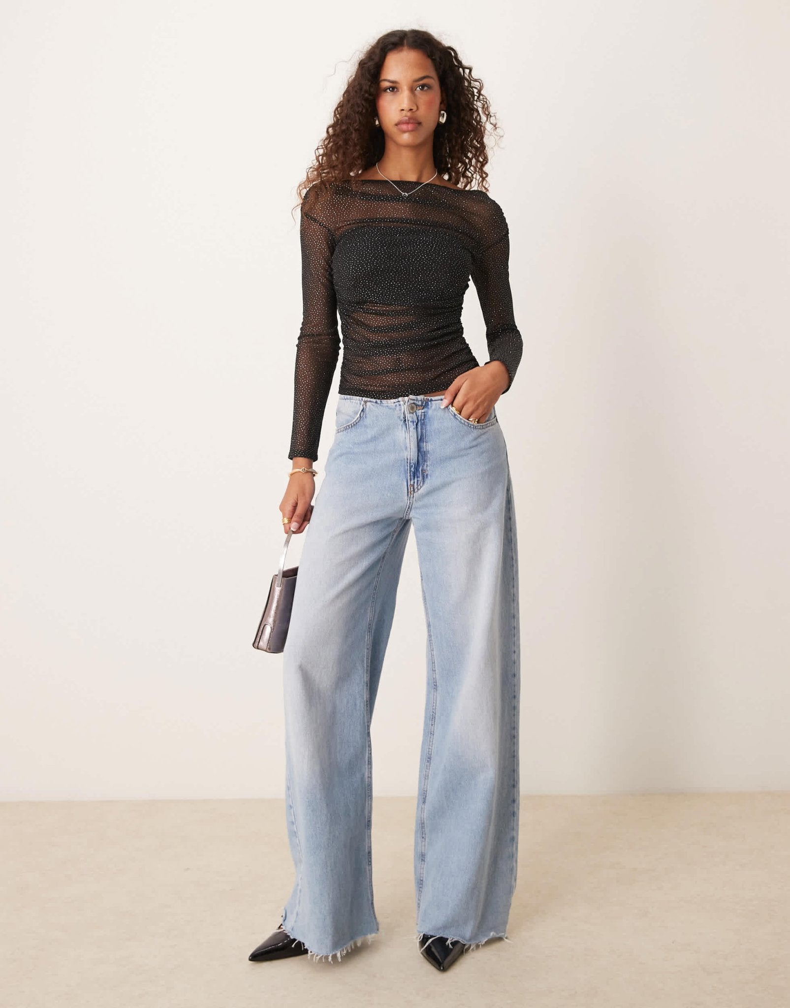 ASOS DESIGN gathered off the shoulder mesh top in black glitter mesh - ASOS Sample Sale