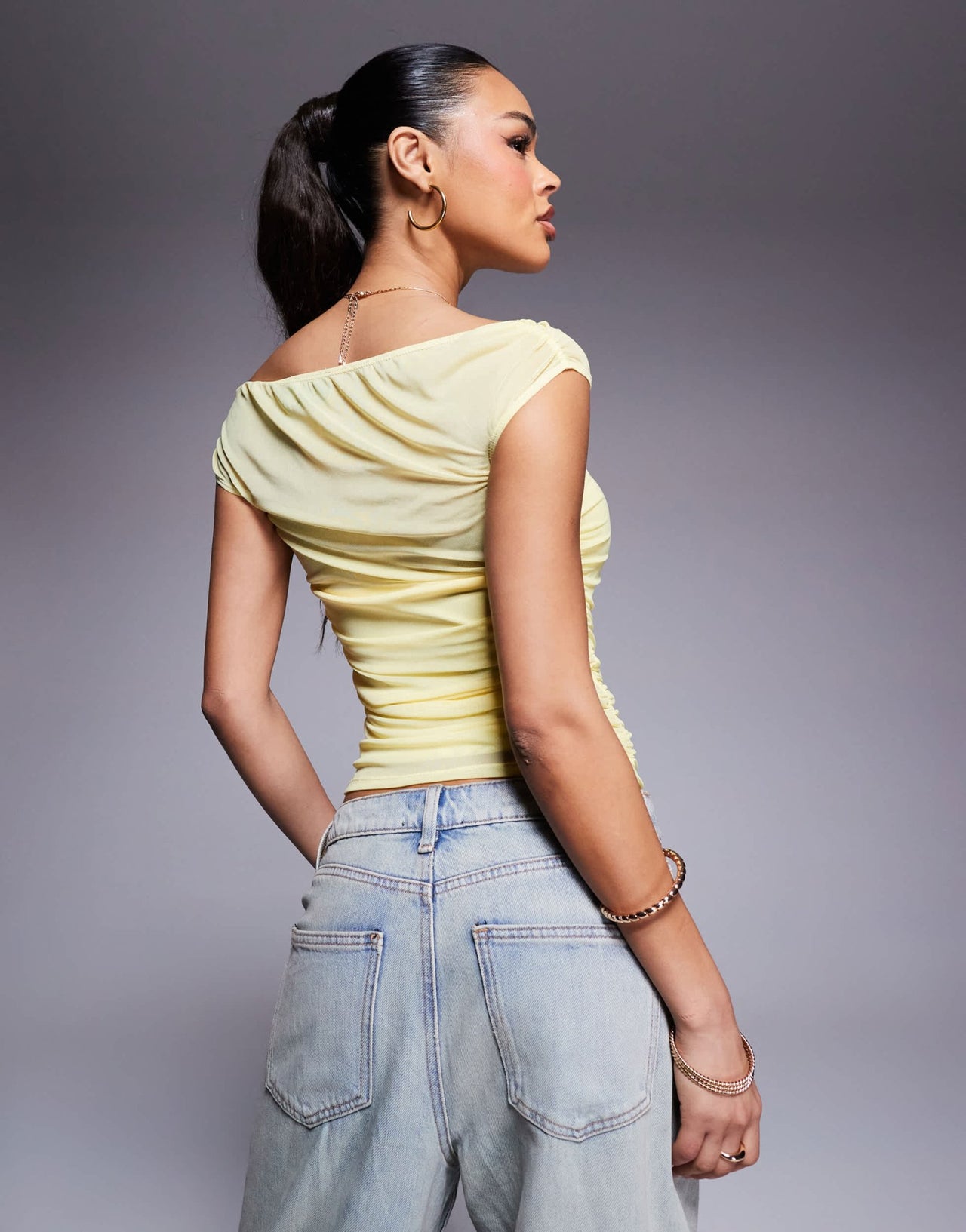 ASOS DESIGN gathered short sleeve off shoulder mesh top in buttermilk yellow - YELLOW - ASOS Sample Sale