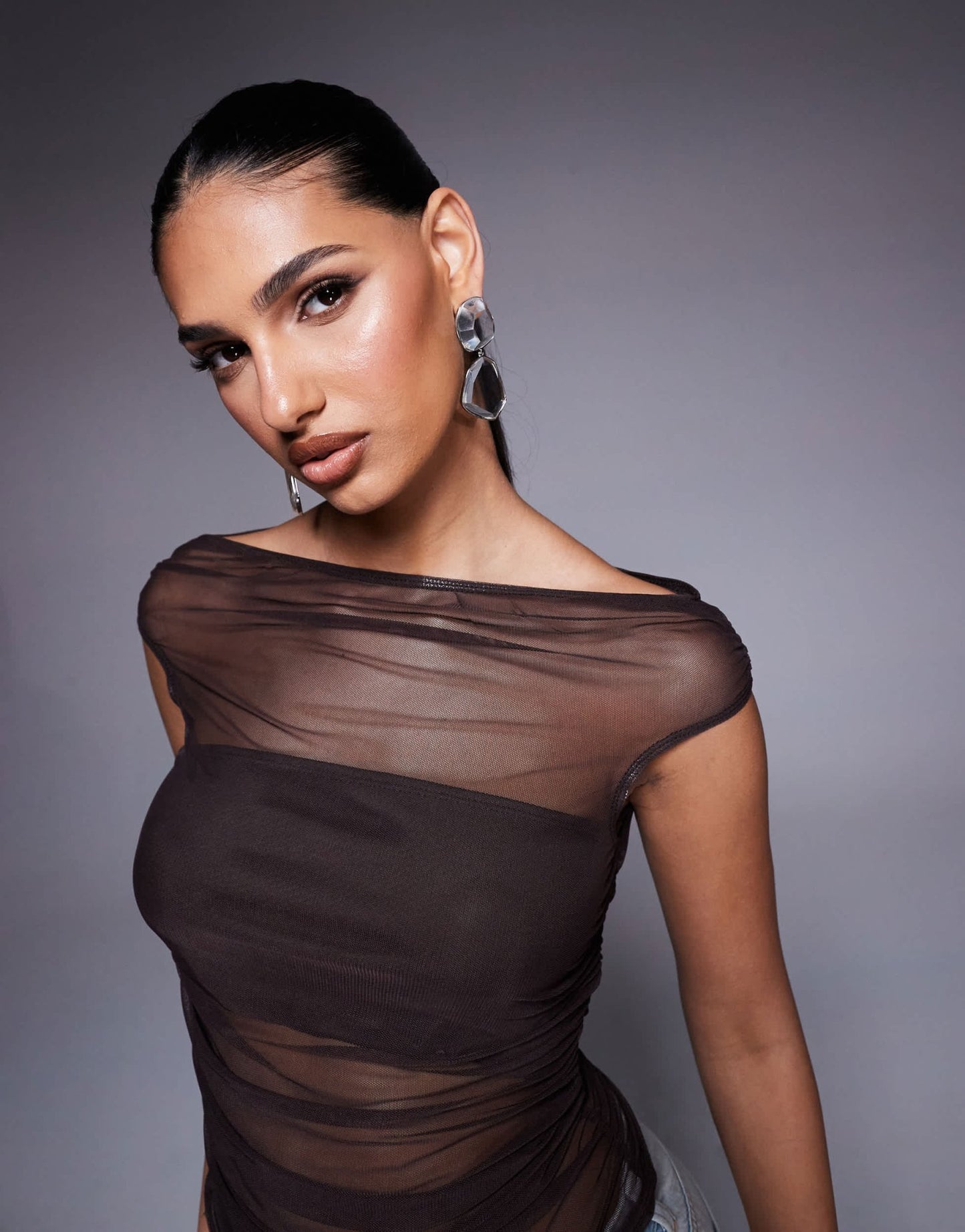 ASOS DESIGN gathered short sleeve off shoulder mesh top in chocolate - ASOS Sample Sale