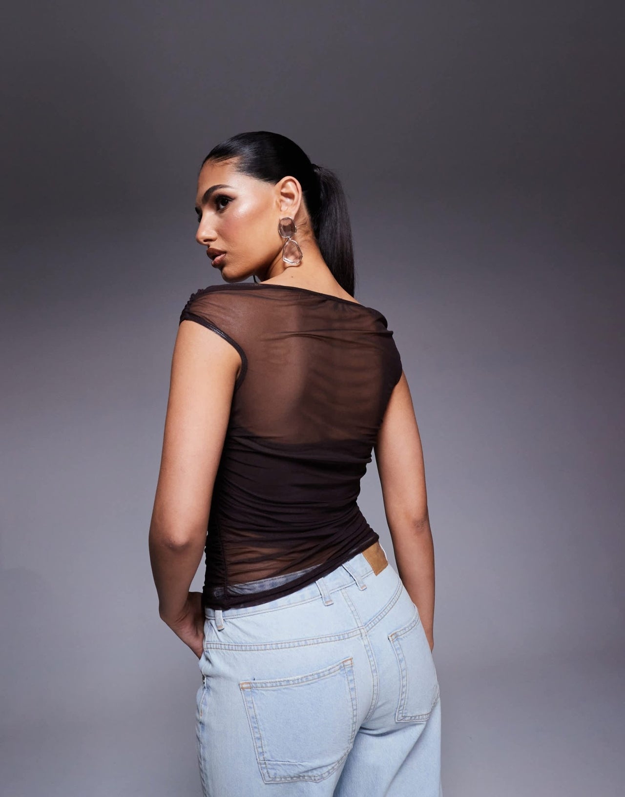 ASOS DESIGN gathered short sleeve off shoulder mesh top in chocolate - ASOS Sample Sale