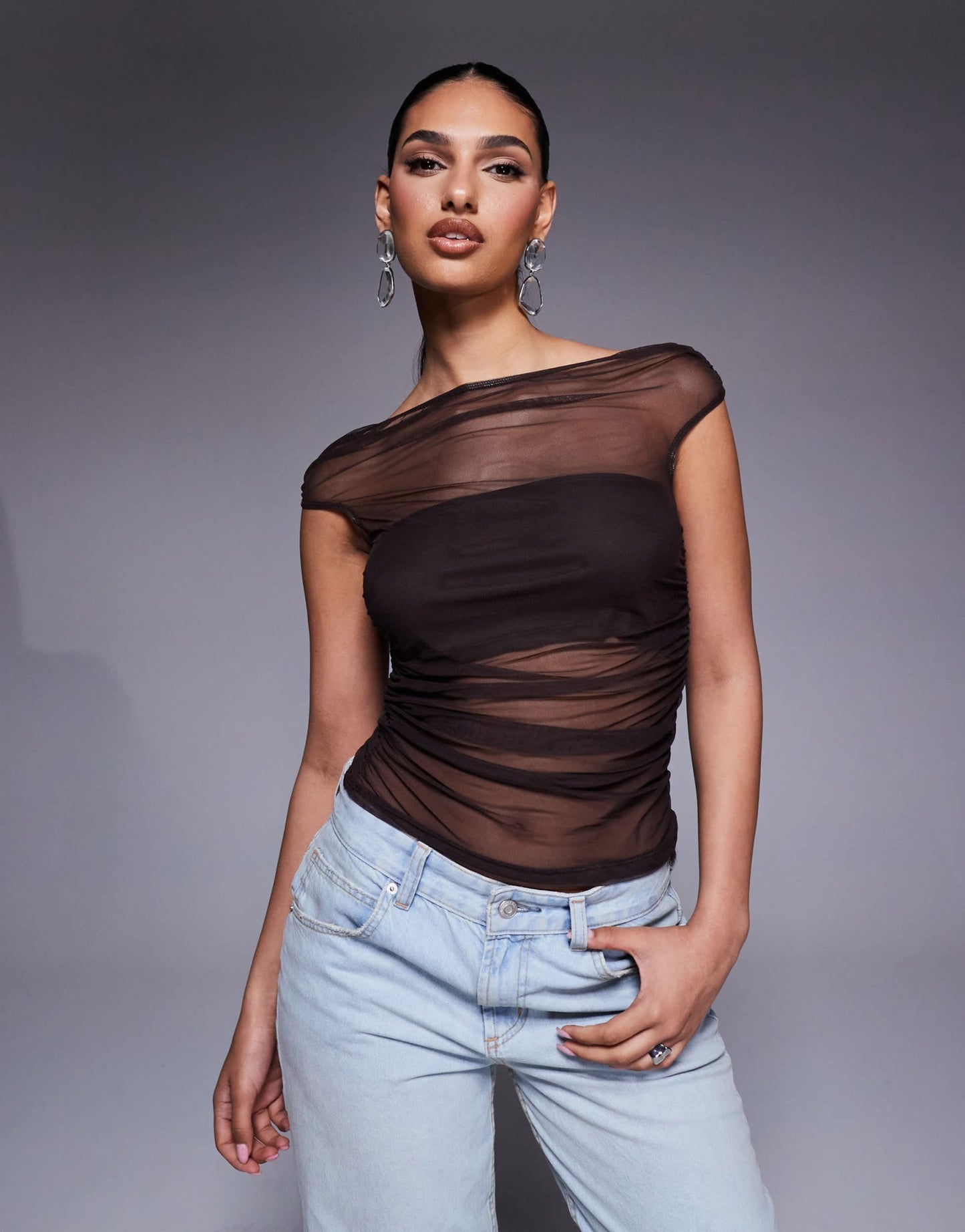 ASOS DESIGN gathered short sleeve off shoulder mesh top in chocolate - ASOS Sample Sale