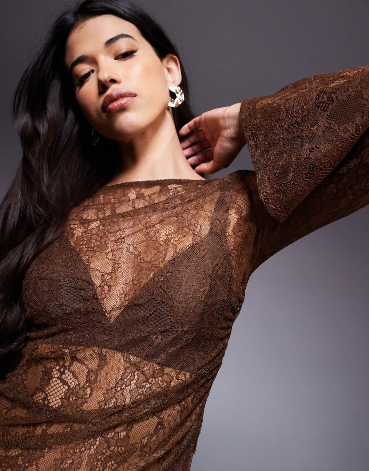 ASOS DESIGN gathered side lace asymmetric detail top in chocolate - ASOS Sample Sale