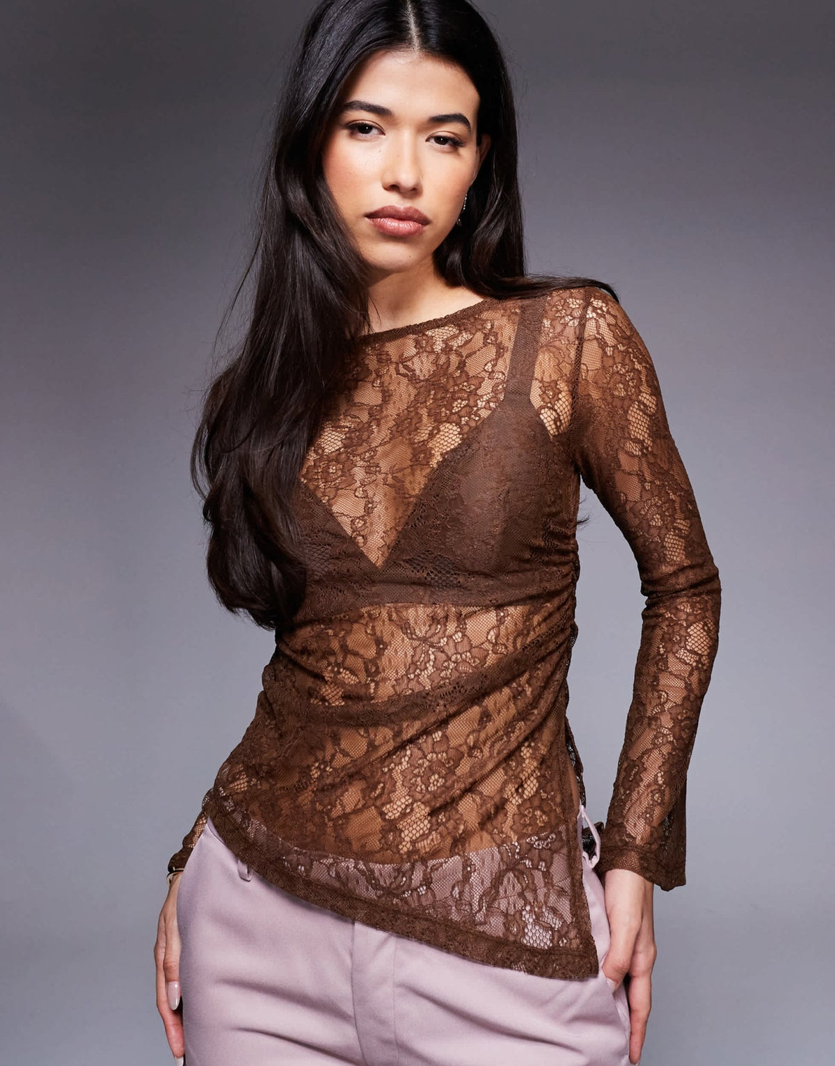 ASOS DESIGN gathered side lace asymmetric detail top in chocolate - ASOS Sample Sale