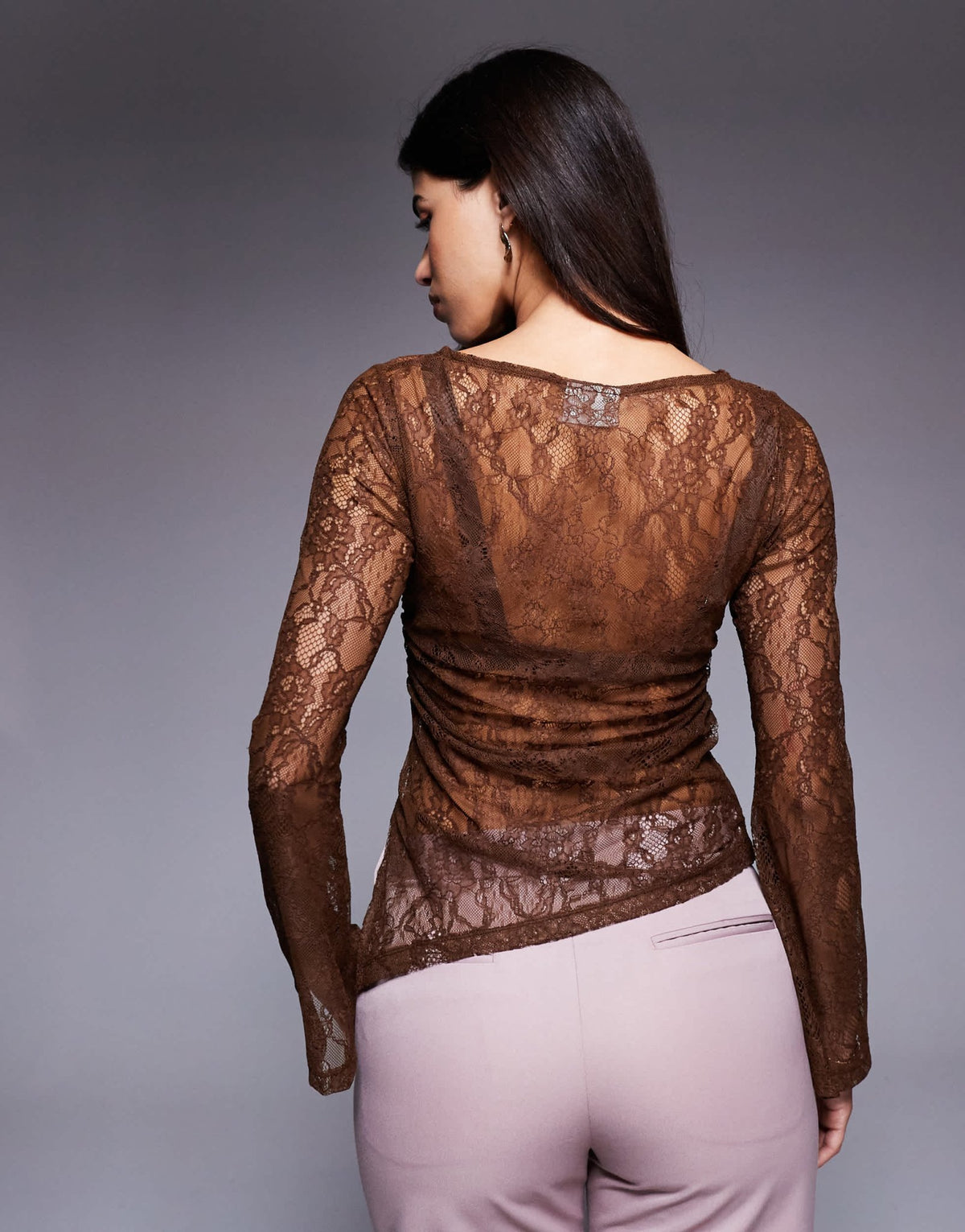ASOS DESIGN gathered side lace asymmetric detail top in chocolate - ASOS Sample Sale
