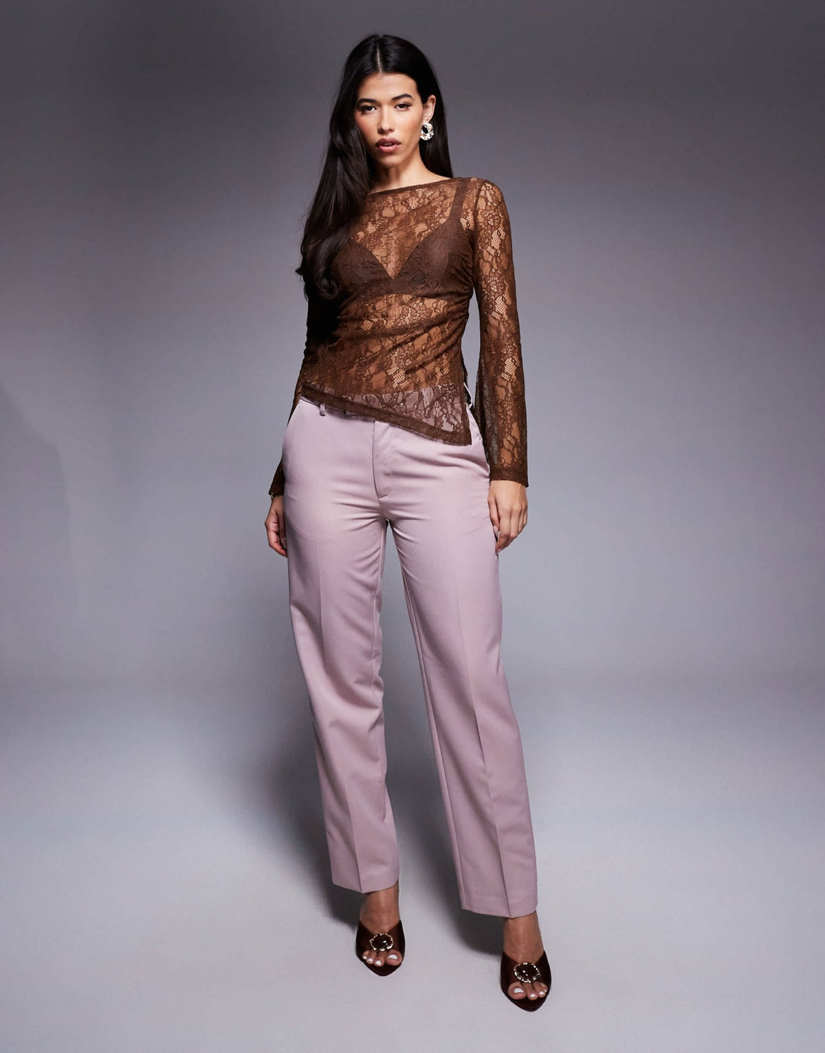 ASOS DESIGN gathered side lace asymmetric detail top in chocolate - ASOS Sample Sale