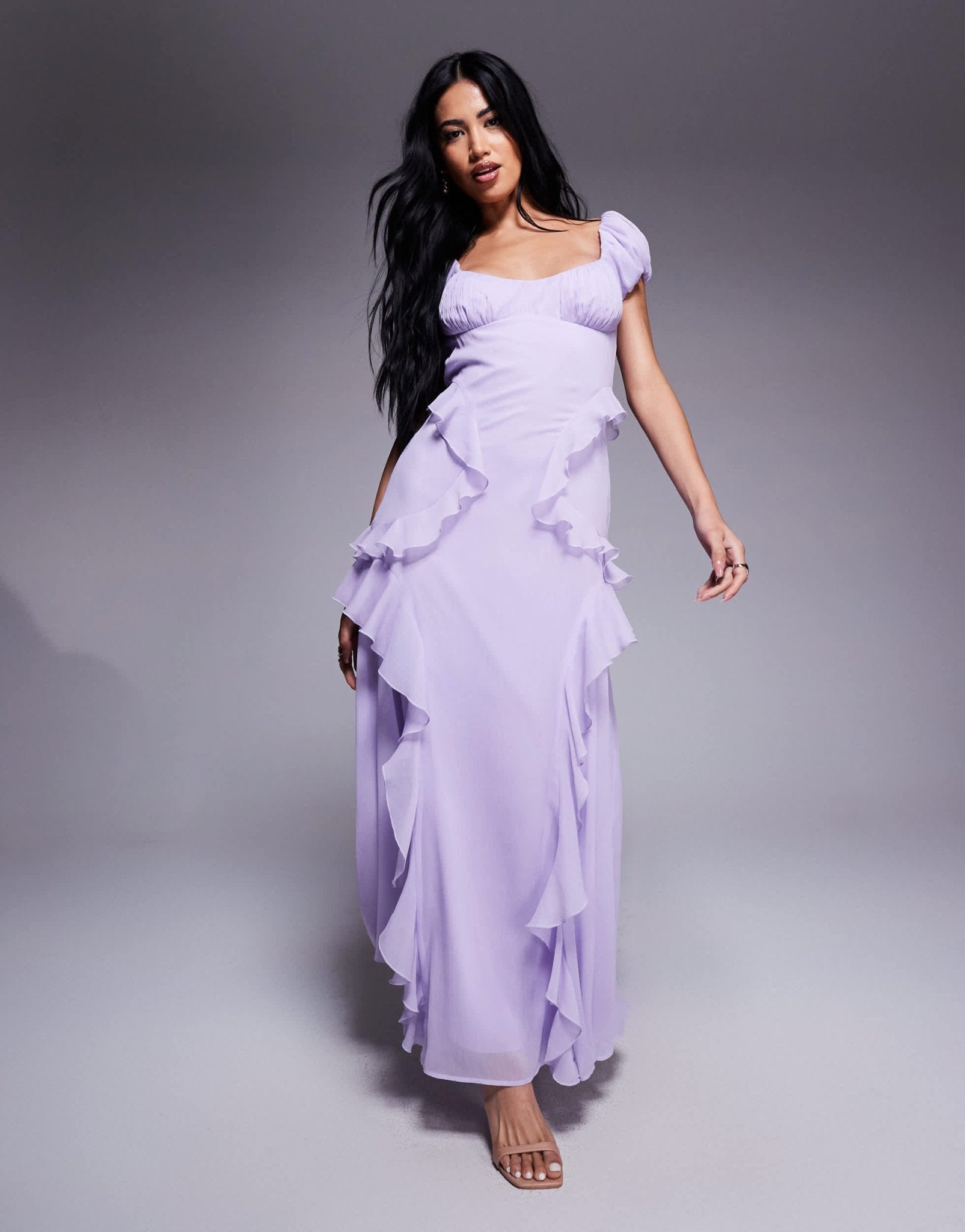 ASOS DESIGN gathered sleeve midi dress with ruffles in lilac - ASOS Sample Sale