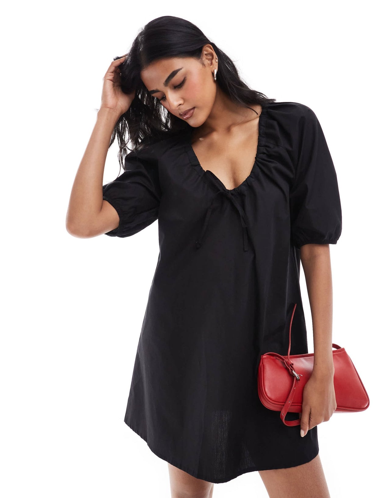 ASOS DESIGN gathered tie front mini smock dress in black - ASOS Sample Sale