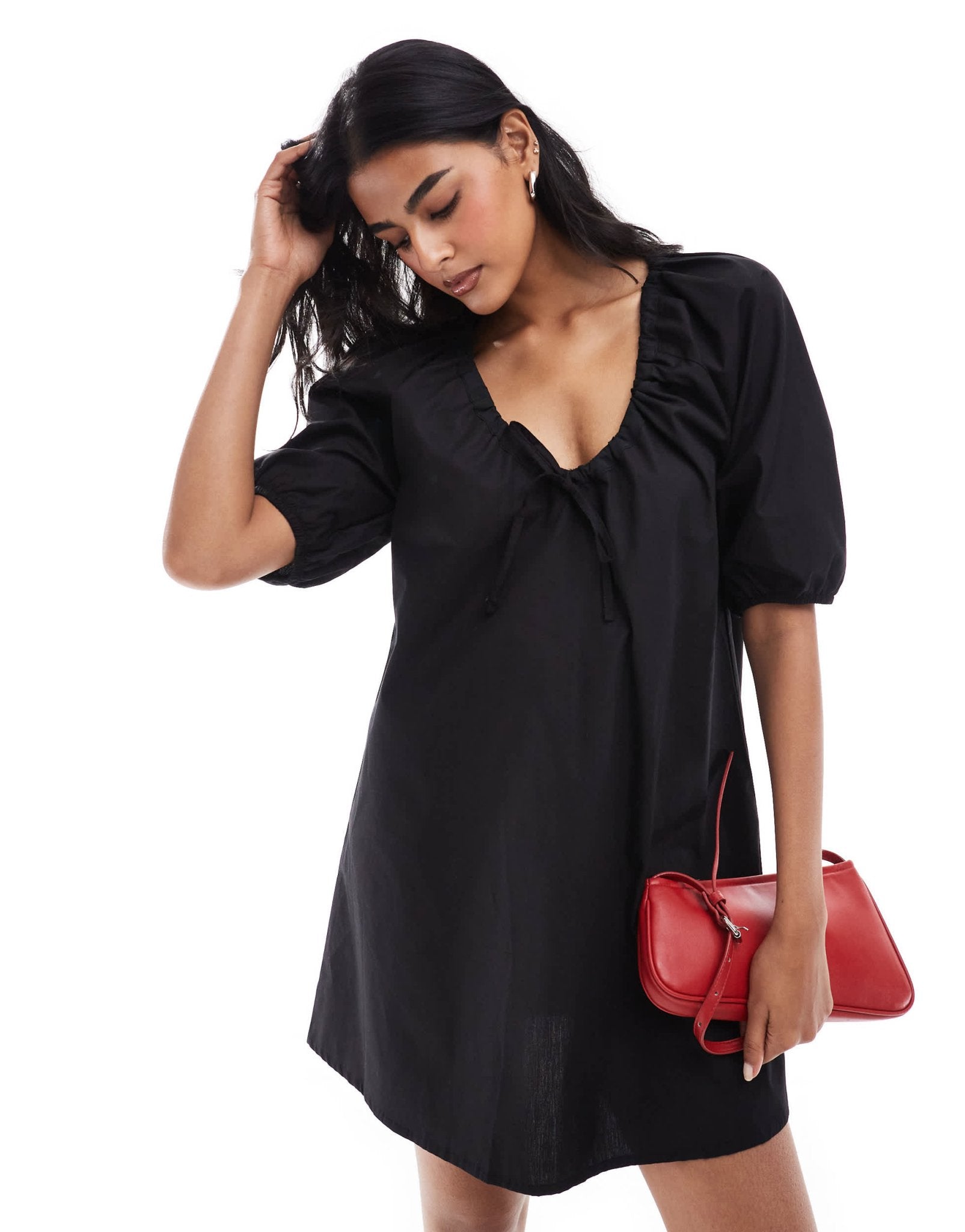 ASOS DESIGN gathered tie front mini smock dress in black - ASOS Sample Sale
