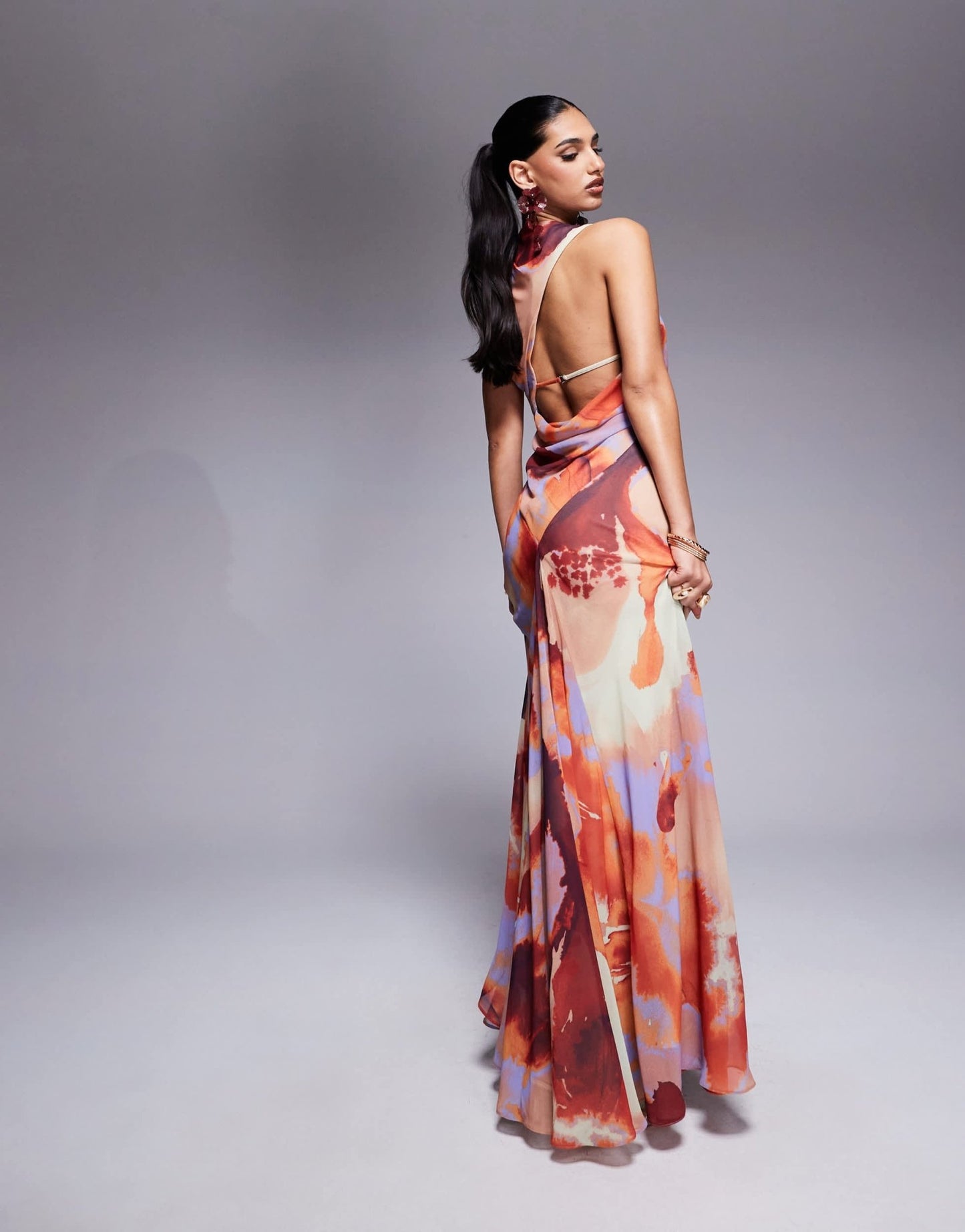 ASOS DESIGN gathered waist ruffle maxi dress with open back in abstract print - ASOS Sample Sale