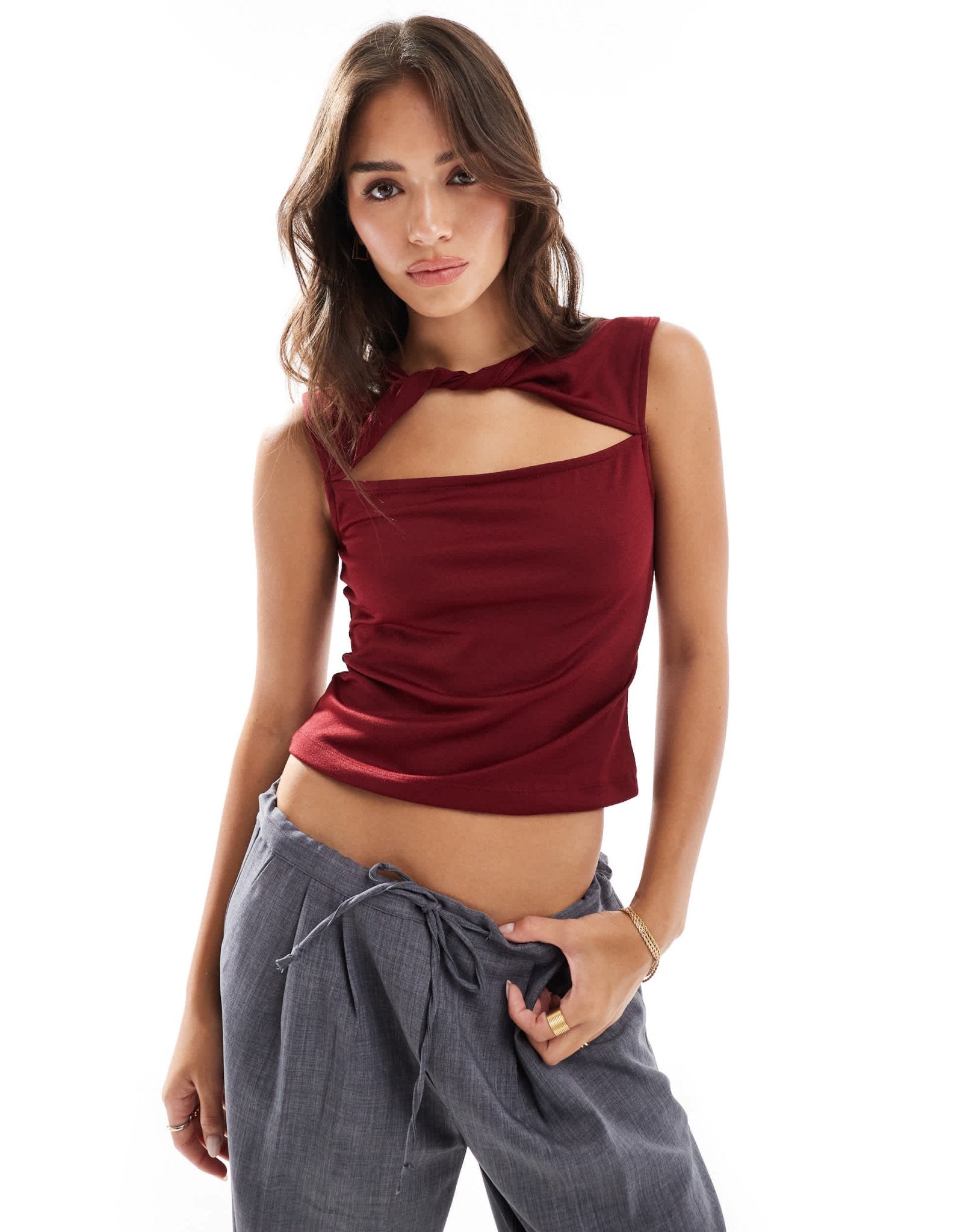 ASOS DESIGN gauzy twist front sleeveless tank with cut out detail in burgundy - ASOS Sample Sale
