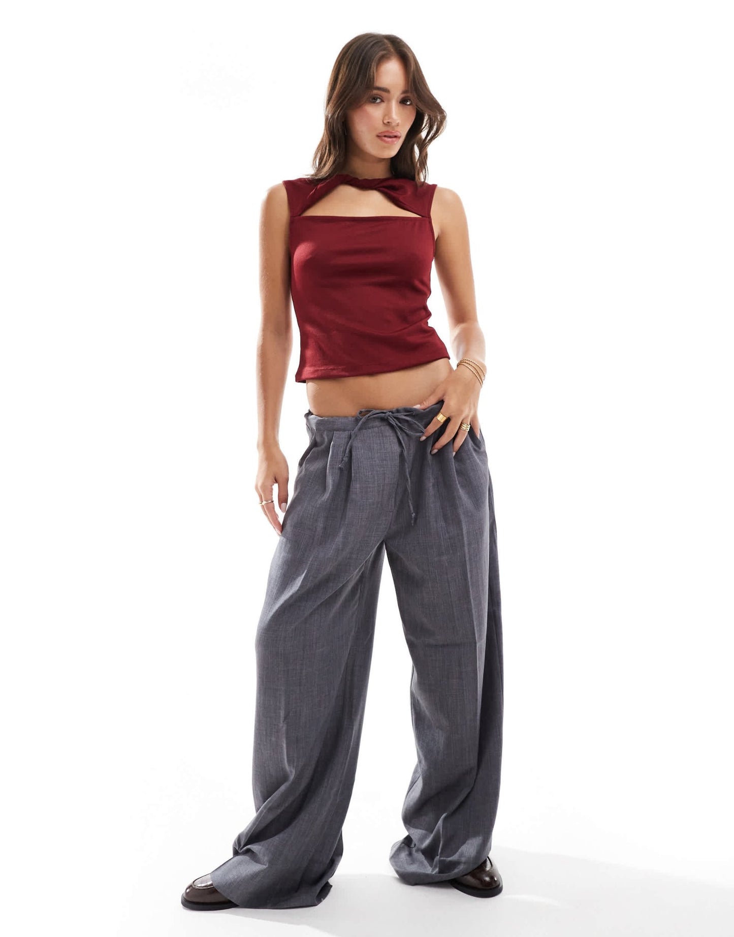 ASOS DESIGN gauzy twist front sleeveless tank with cut out detail in burgundy - ASOS Sample Sale