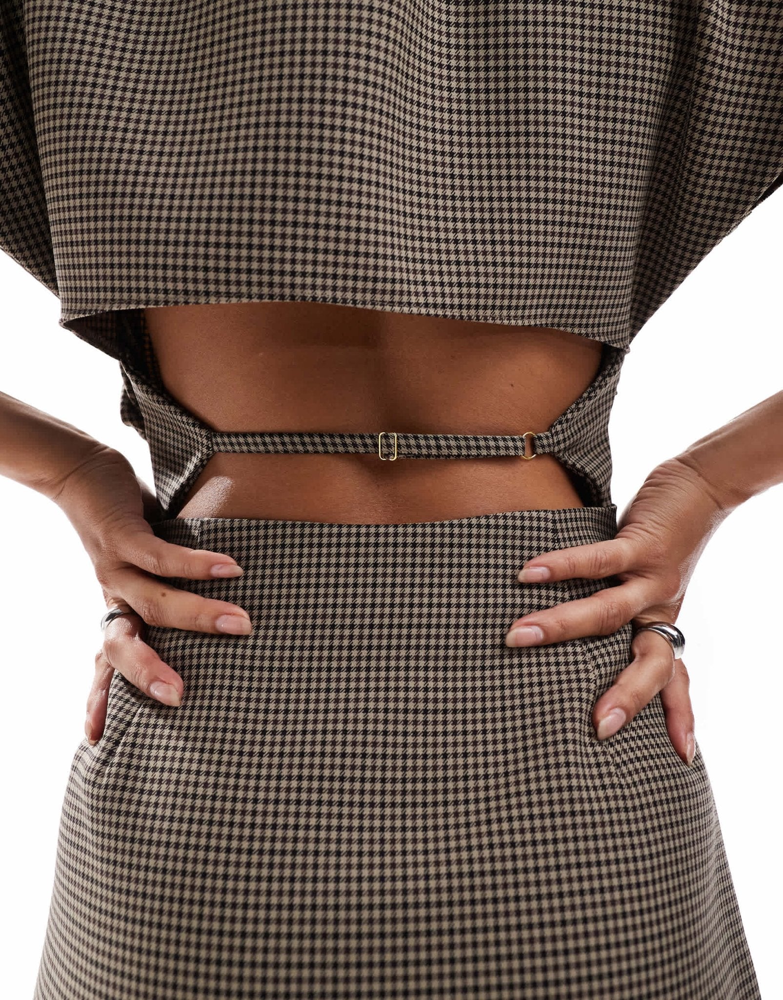 ASOS DESIGN grown on sleeve high neck mini dress with open back detail in brown check - ASOS Sample Sale