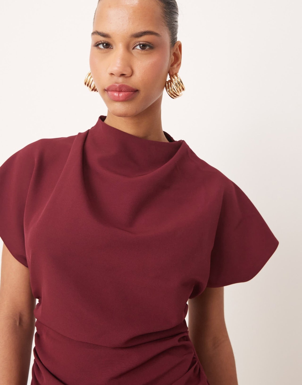 ASOS DESIGN grown on sleeve high neck mini dress with open back detail in burgundy - ASOS Sample Sale