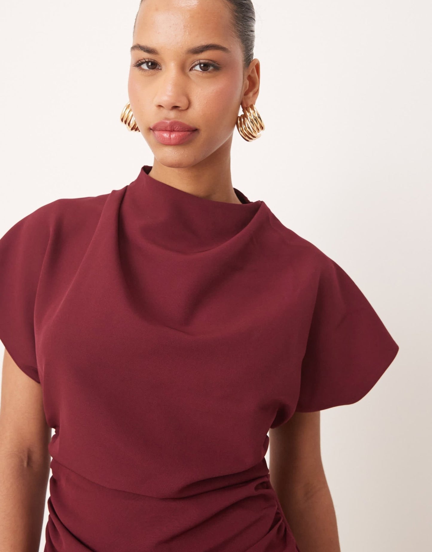 ASOS DESIGN grown on sleeve high neck mini dress with open back detail in burgundy - ASOS Sample Sale