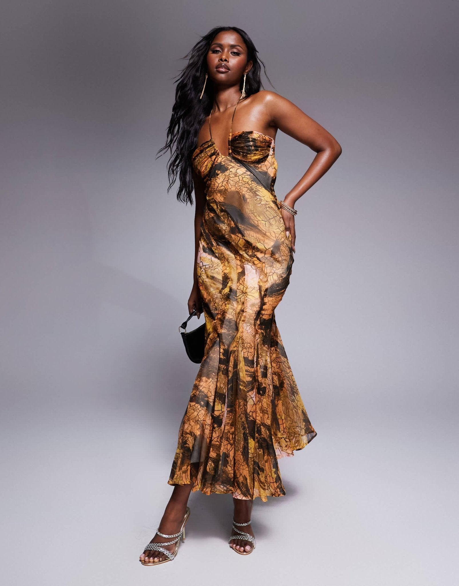 ASOS DESIGN halter asymmetric raw edge maxi dress in abstract print - ASOS Sample Sale