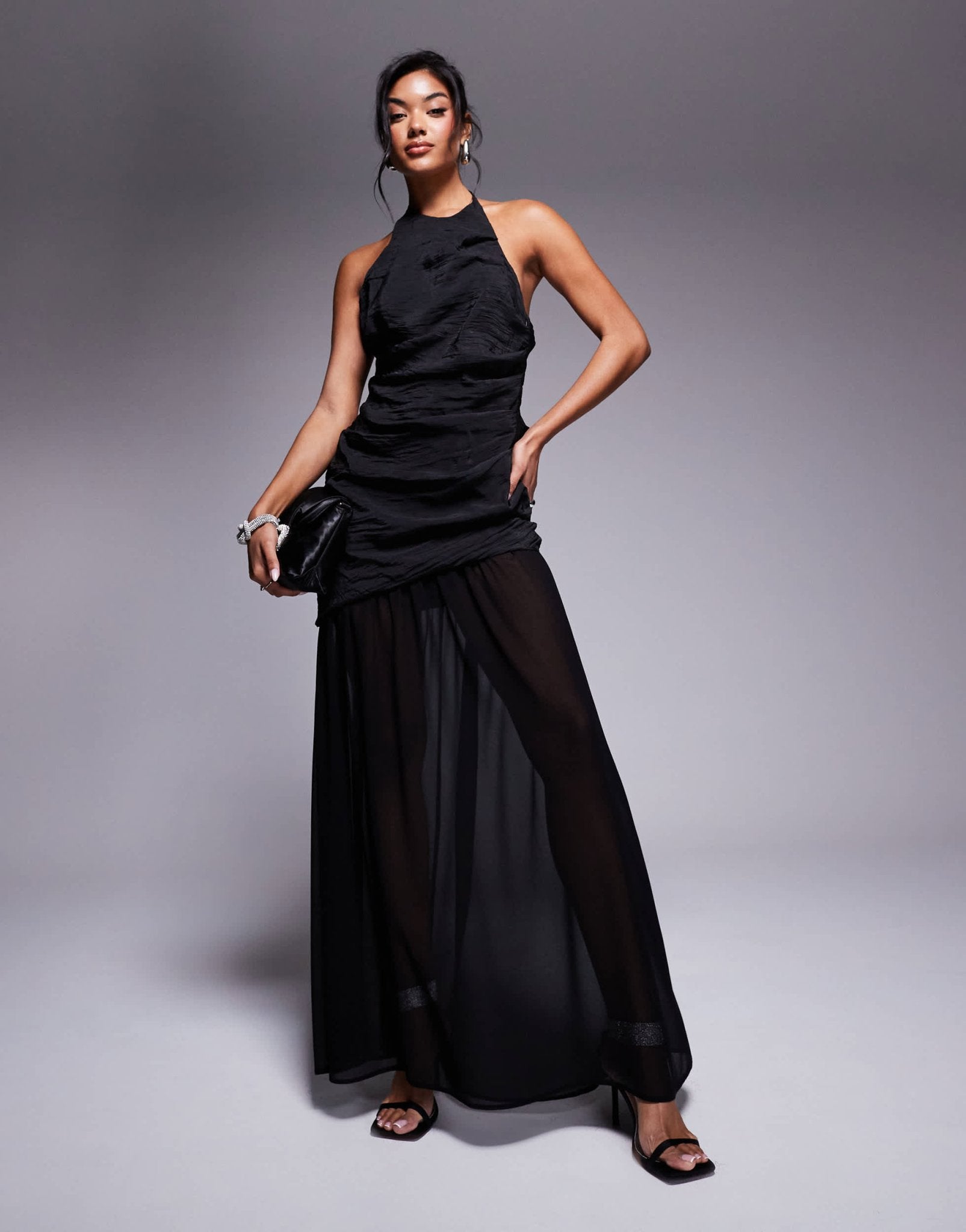 ASOS DESIGN halter asymmetric ruched maxi dress with chiffon skirt in black - ASOS Sample Sale