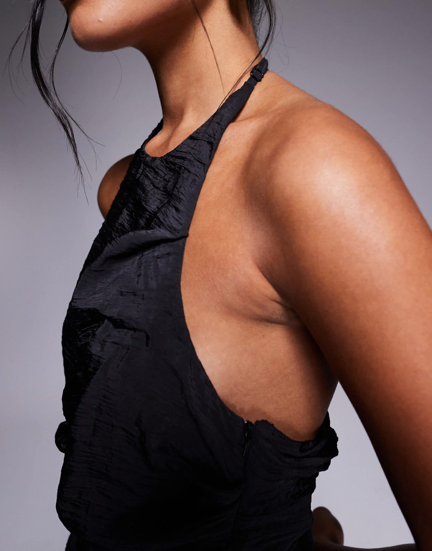 ASOS DESIGN halter asymmetric ruched maxi dress with chiffon skirt in black - ASOS Sample Sale