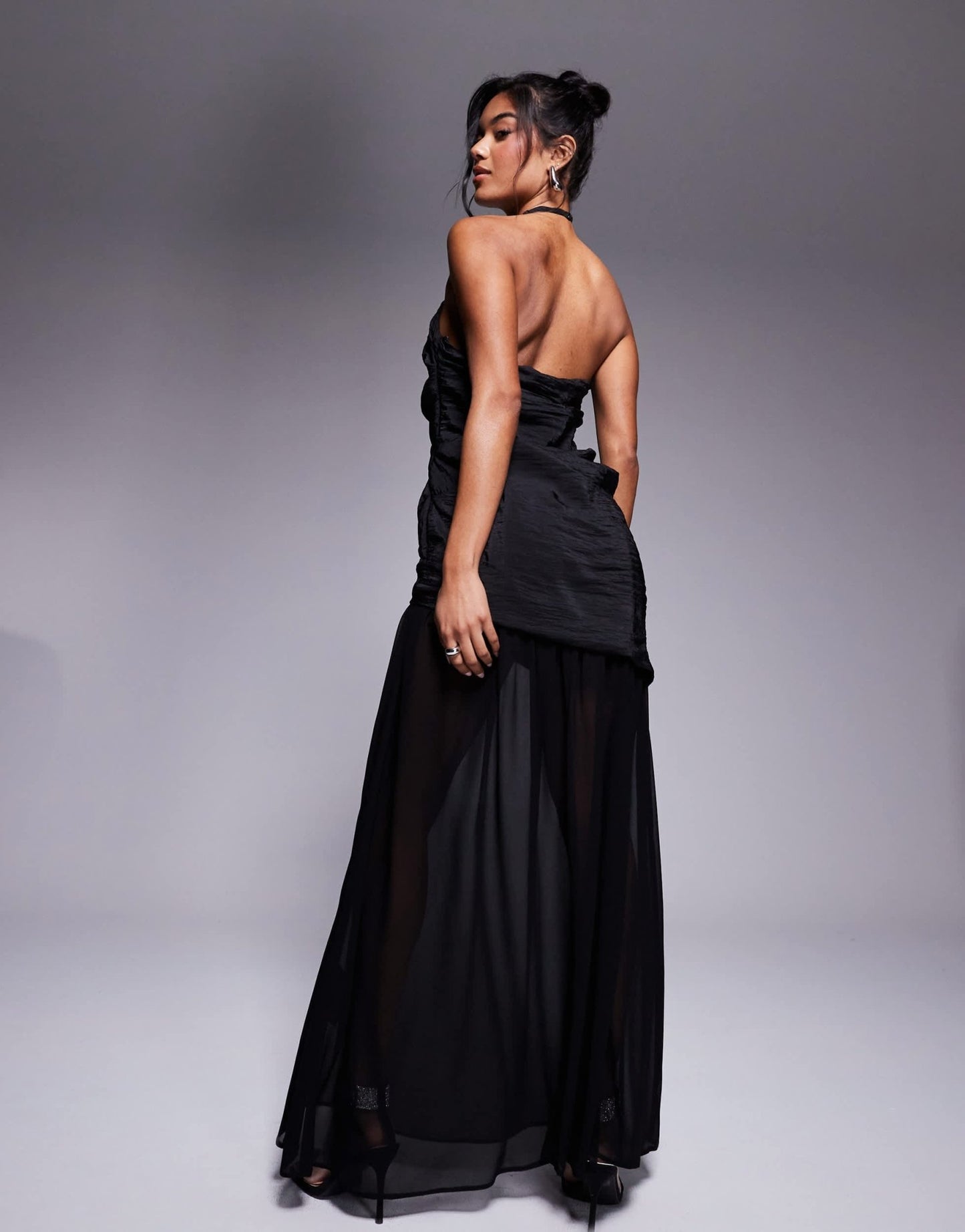 ASOS DESIGN halter asymmetric ruched maxi dress with chiffon skirt in black - ASOS Sample Sale