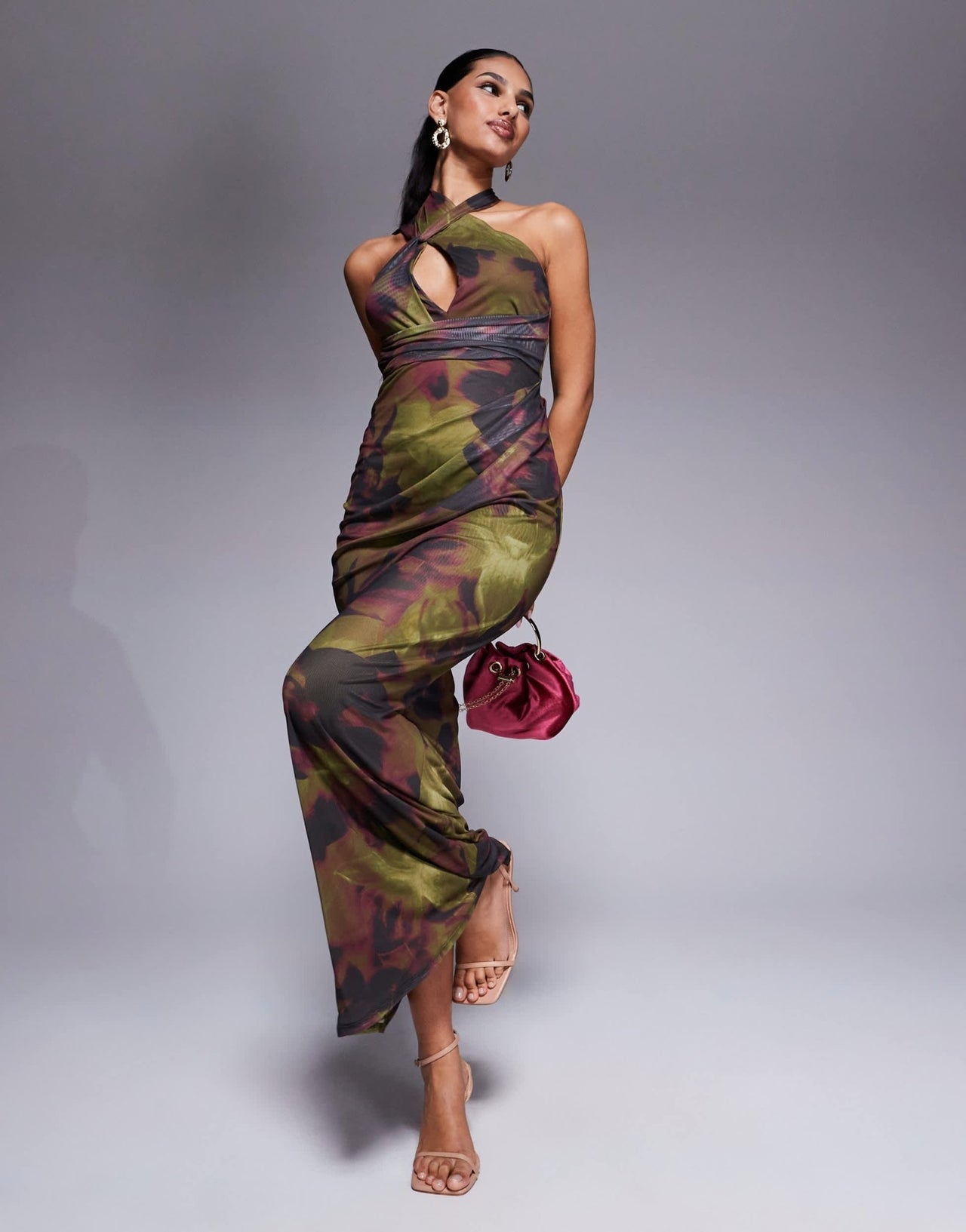 ASOS DESIGN halter cross front maxi dress in dark green & pink floral - ASOS Sample Sale