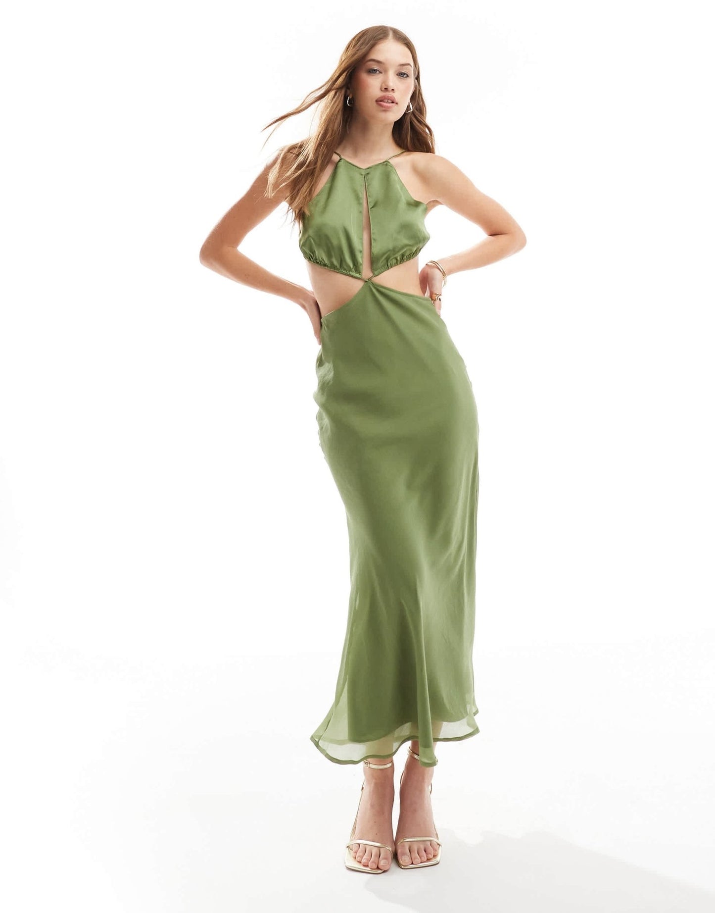 ASOS DESIGN halter cut out midaxi dress with satin bodice in khaki - ASOS Sample Sale