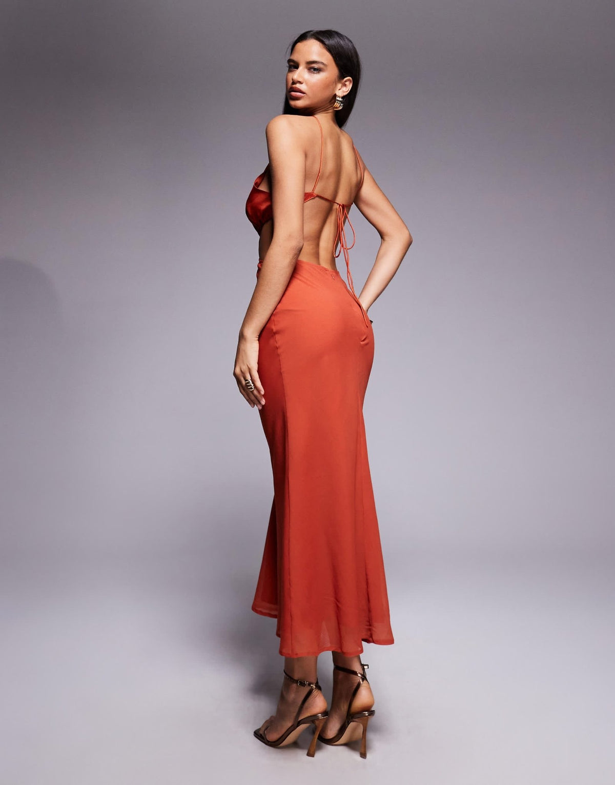 ASOS DESIGN halter cut out midaxi dress with satin bodice in soft rust - ASOS Sample Sale