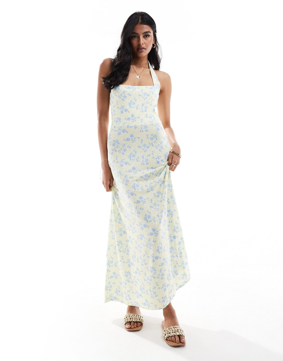ASOS DESIGN halter full skirt ditsy midi dress in yellow ditsy floral - ASOS Sample Sale
